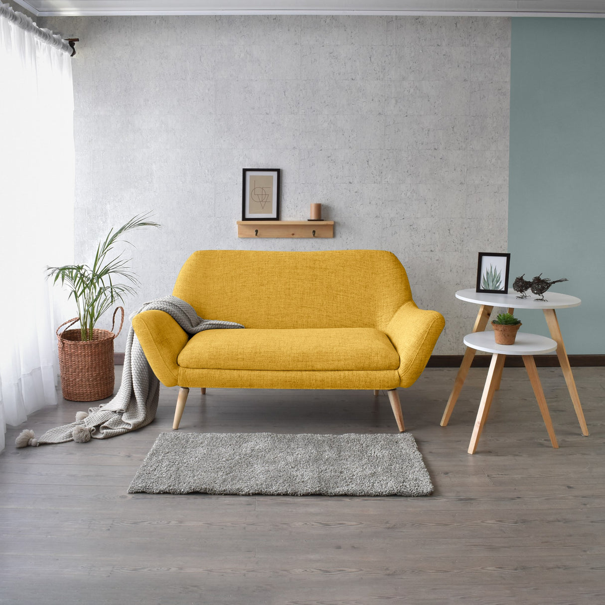 Sofá Cannes Mostaza Dicosta y Matiz Natural 136x85cm de Dos Puestos sin Apoya Brazos