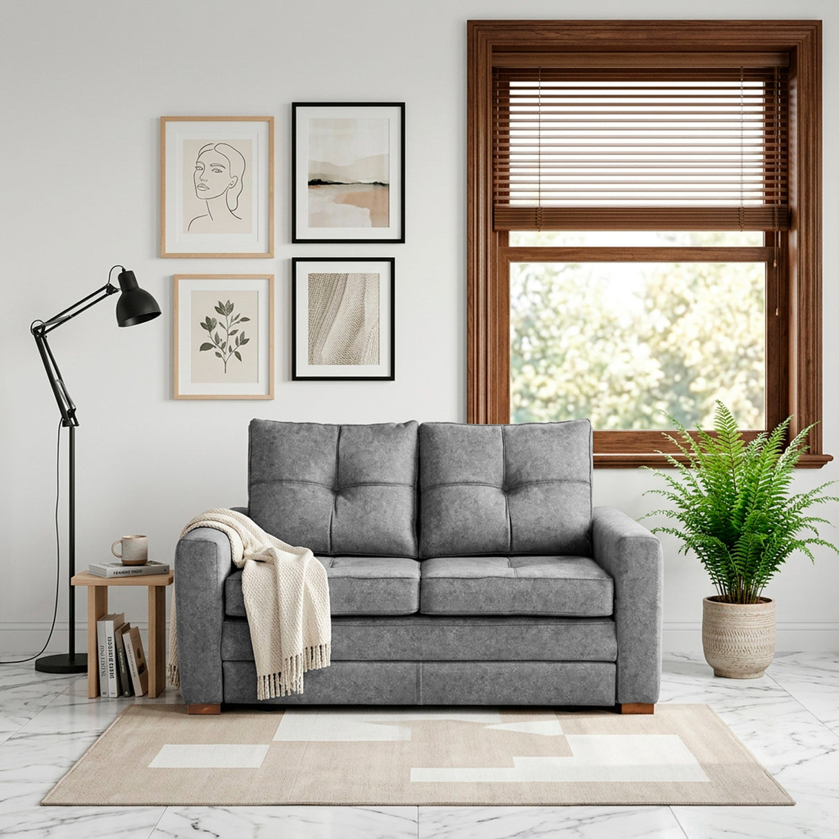 Sofá Cama Doha Gris Sky y Matiz Caoba 150x87cm de Dos Puestos con Apoya Brazos