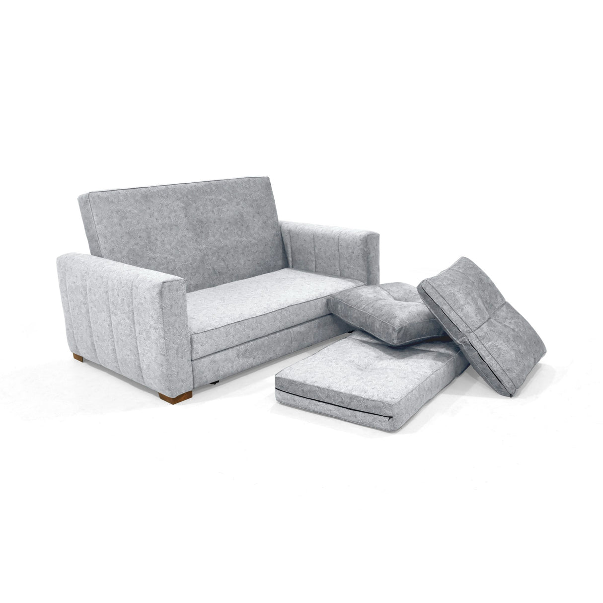 Sofá Cama Doha Plata Sky y Matiz Caoba 150x87cm de Dos Puestos con Apoya Brazos