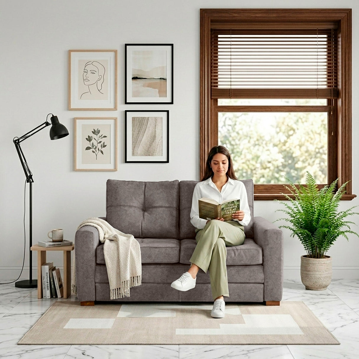 Sofá Cama Doha Taupe Sky y Matiz Caoba 150x87cm de Dos Puestos con Apoya Brazos