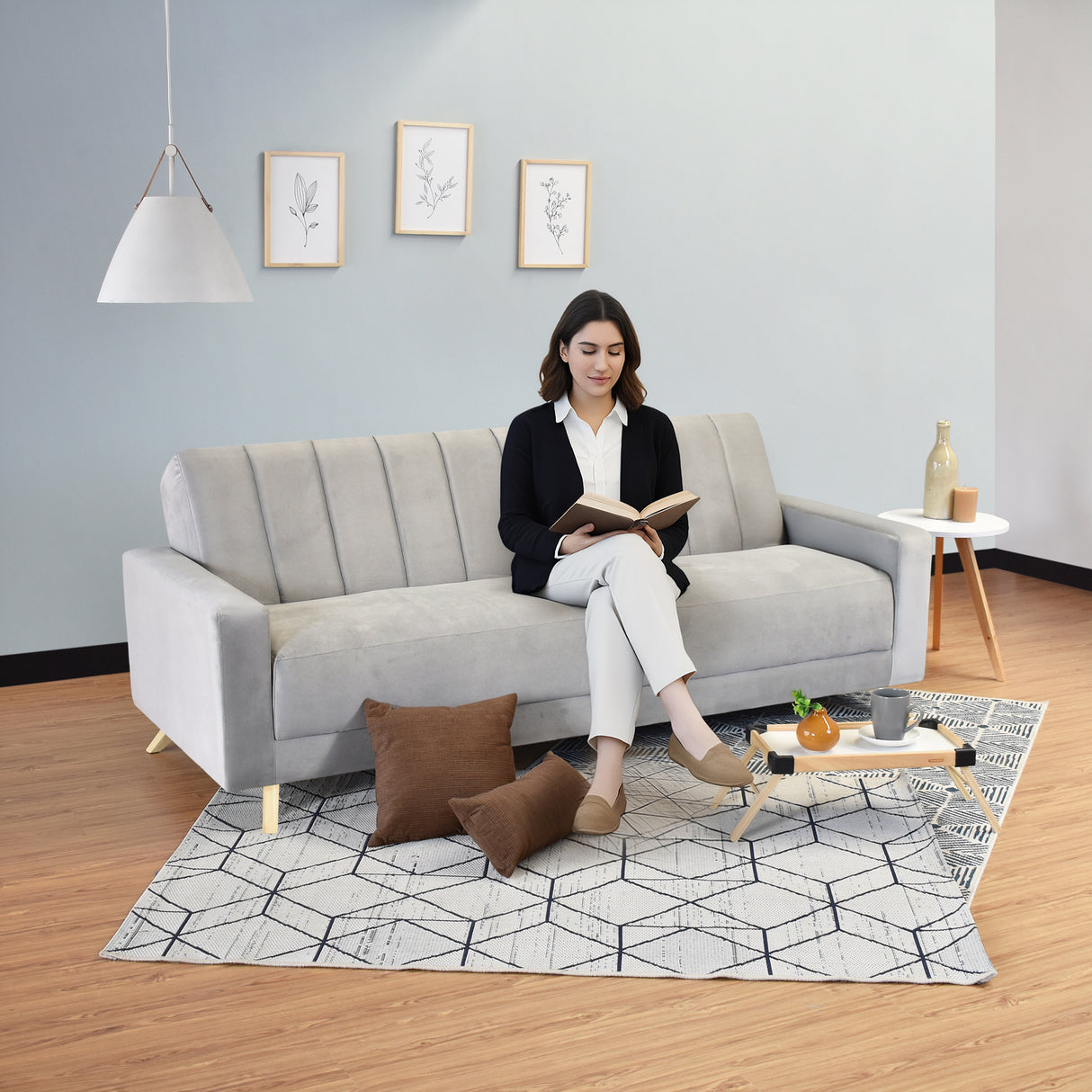 Sofá Cama Dominic Plata Denver y Matiz Natural 206x80cm de Tres Puestos Reclinable con Apoya Brazos