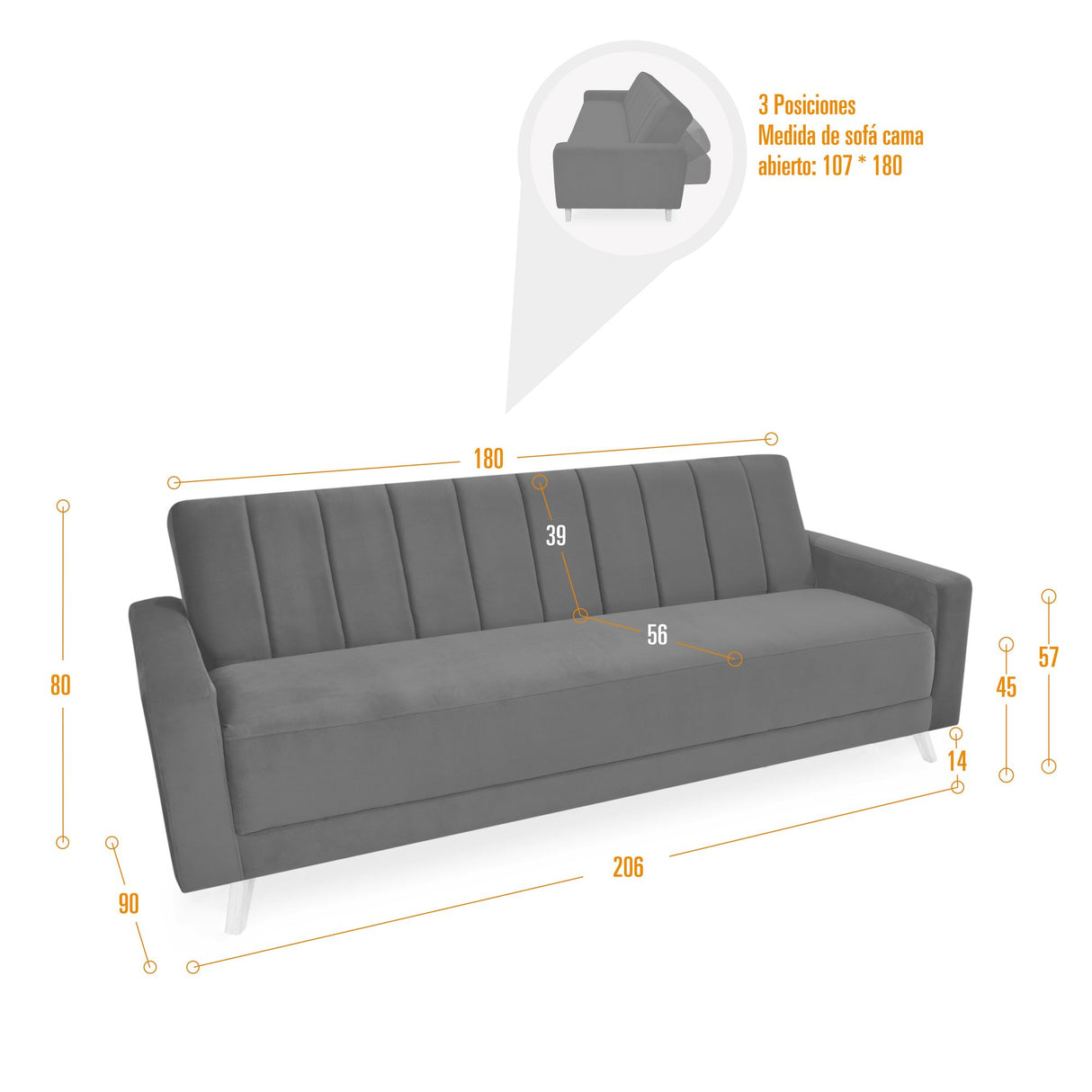 Sofá Cama Dominic Plata Denver y Matiz Natural 206x80cm de Tres Puestos Reclinable con Apoya Brazos