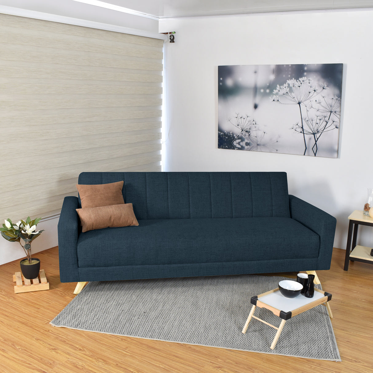 Sofá Cama Dominic Plomo Eureka y Matiz Natural 206x80cm de Tres Puestos Reclinable con Apoya Brazos