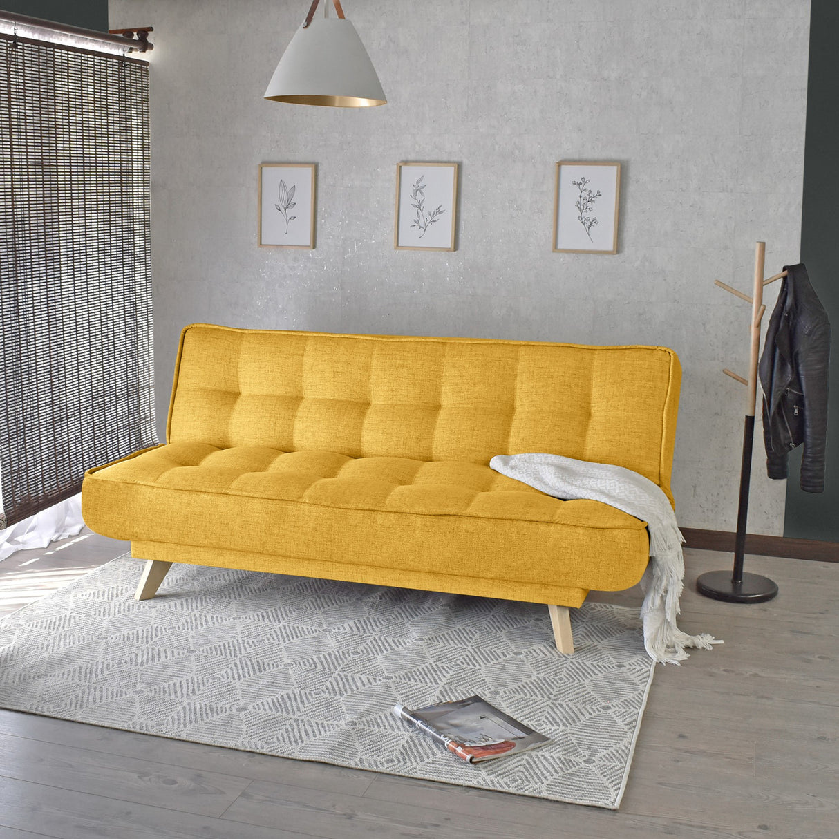 Sofá Cama Gales Mostaza Dicosta y Matiz Natural 180x84cm de Tres Puestos Reclinable sin Apoya Brazos