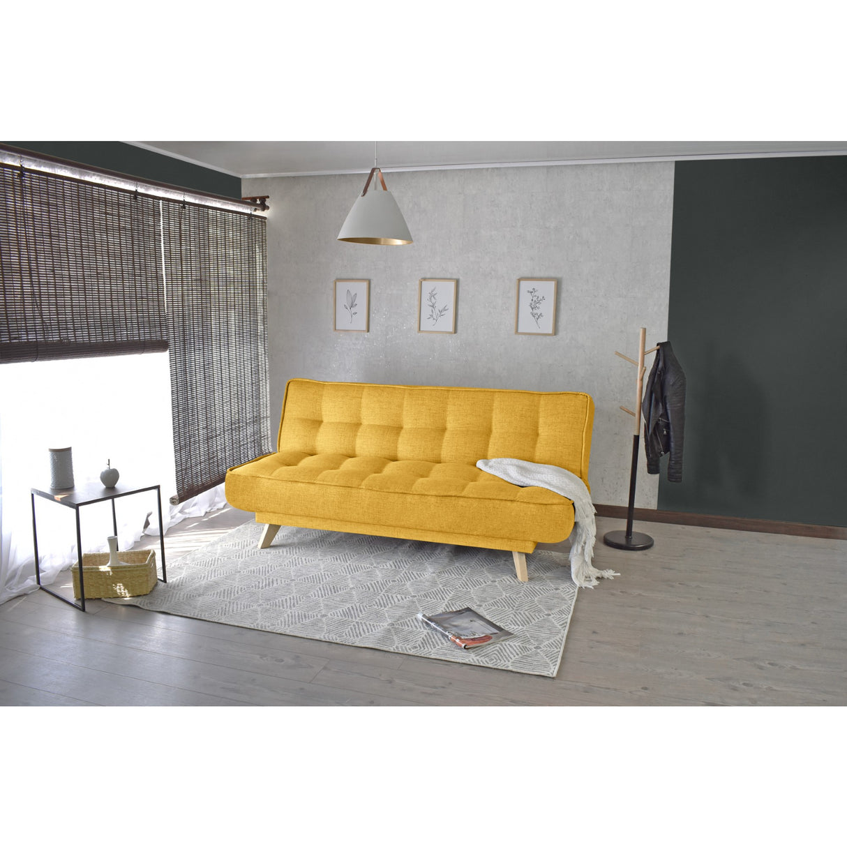 Sofá Cama Gales Mostaza Dicosta y Matiz Natural 180x84cm de Tres Puestos Reclinable sin Apoya Brazos