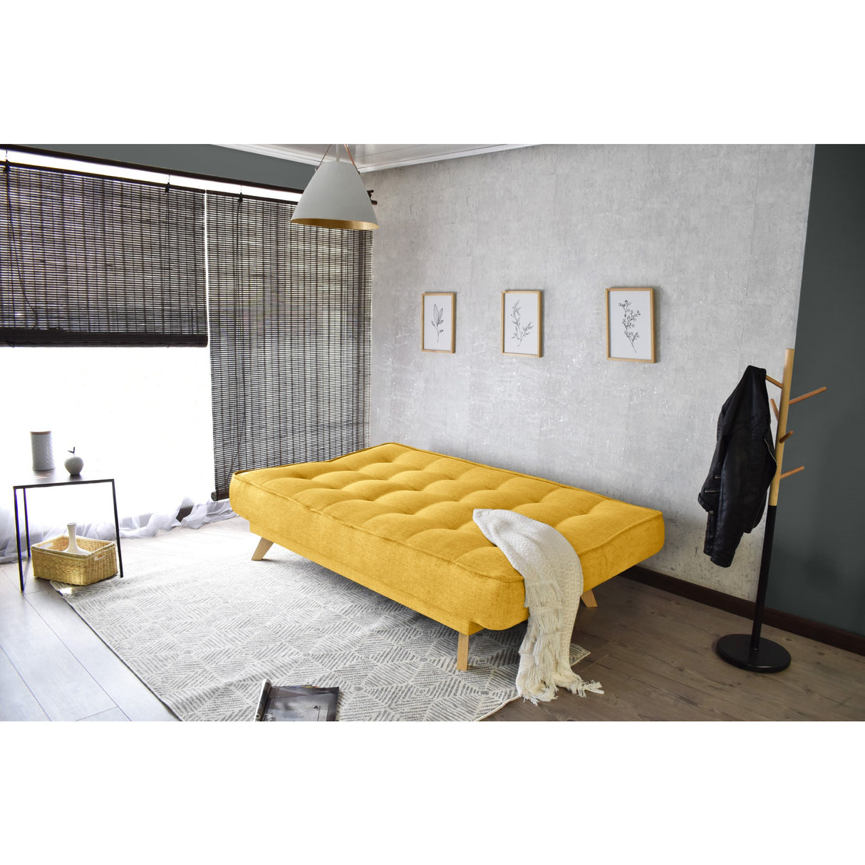 Sofá Cama Gales Mostaza Dicosta y Matiz Natural 180x84cm de Tres Puestos Reclinable sin Apoya Brazos