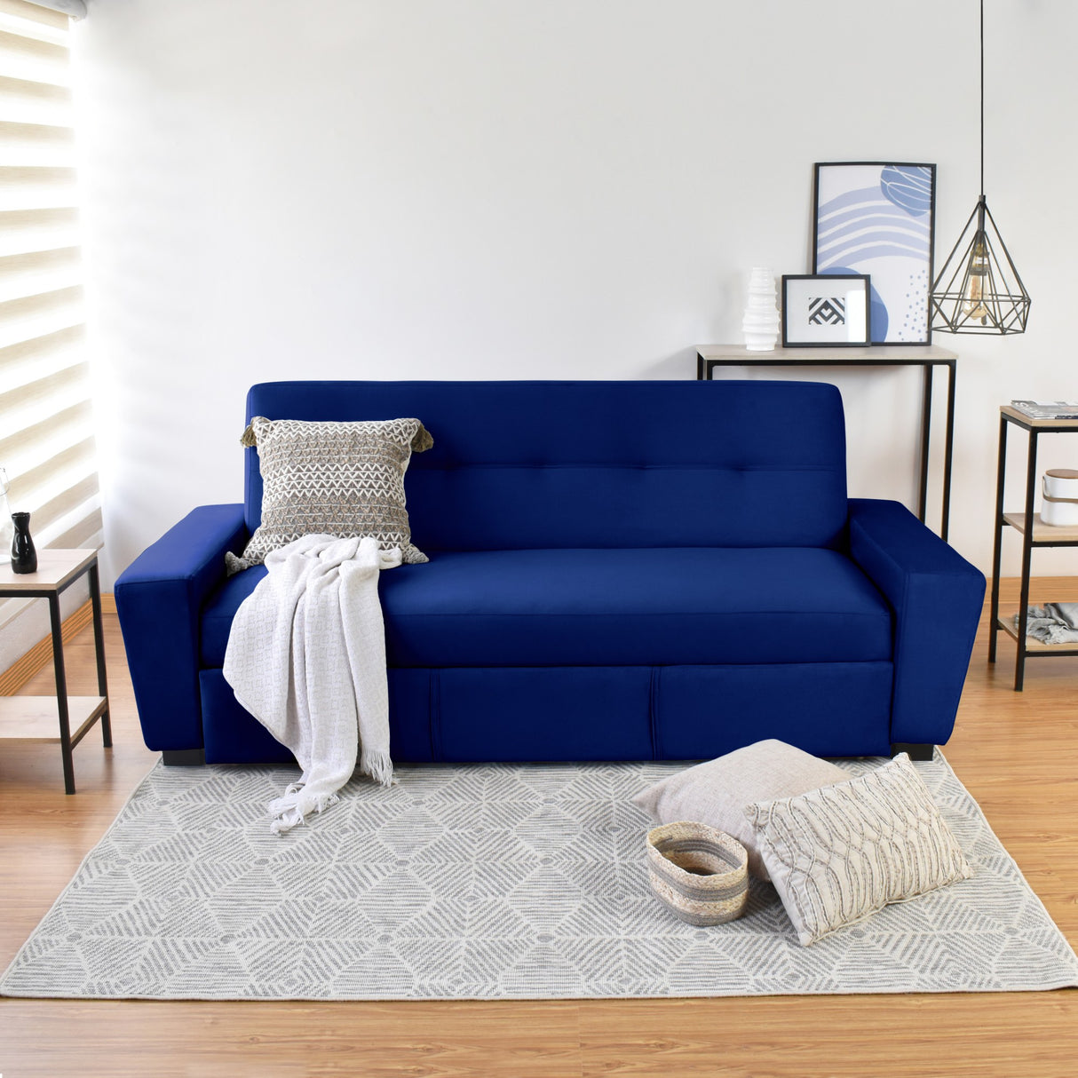 Sofá Cama Hamburgo Azul Denver y Matiz Wengue 210x87cm de Tres Puestos Reclinable sin Apoya Brazos