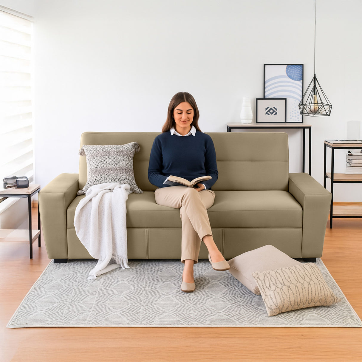Sofá Cama Hamburgo Taupe Denver y Matiz Wengue 210x87cm de Tres Puestos Reclinable sin Apoya Brazos