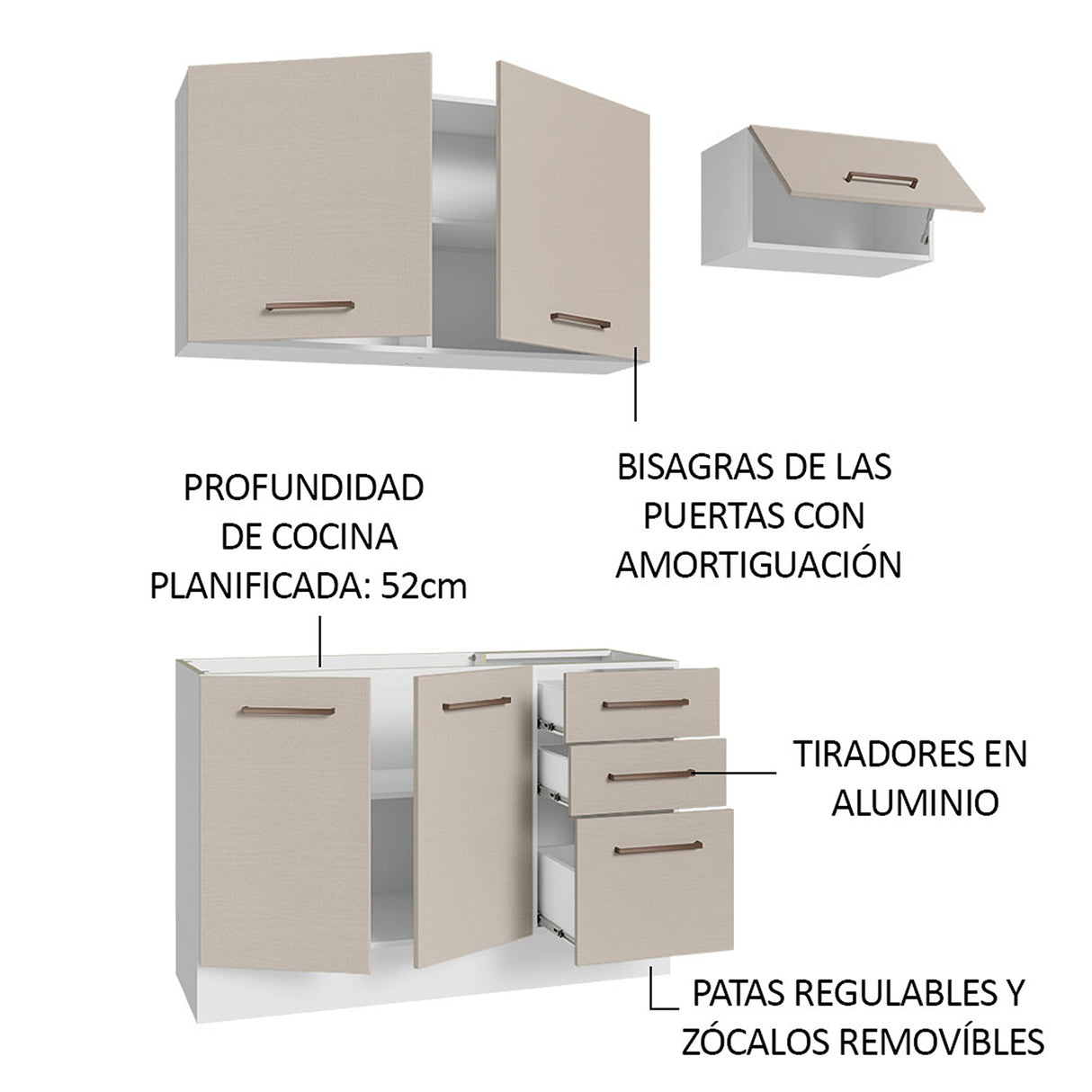 Cocina Integral Agata Blanco Crema 180x225cm para Mesón Lado Izquierdo sin Mesón y sin Estufa
