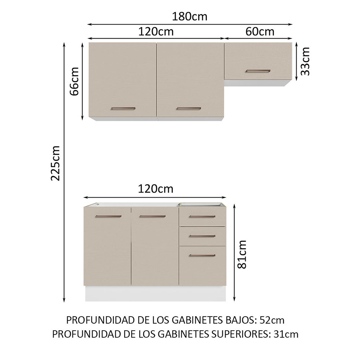 Cocina Integral Agata Blanco Crema 180x225cm para Mesón Lado Izquierdo sin Mesón y sin Estufa