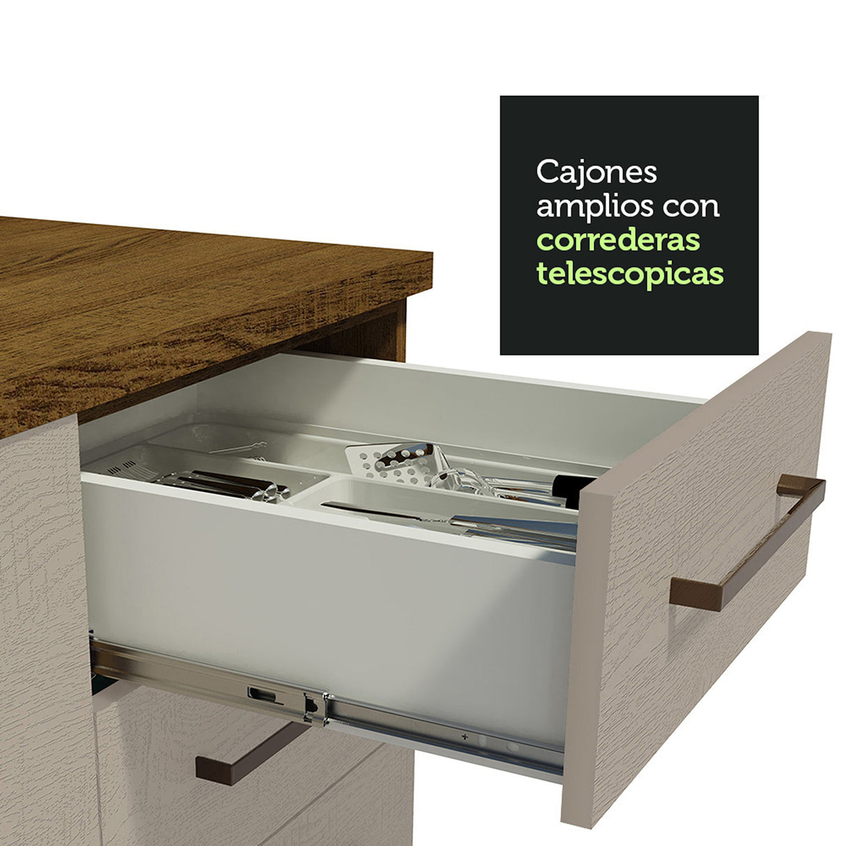 Cocina Integral Agata Marron y Crema 270x225cm para Mesón Lado Izquierdo sin Mesón y sin Estufa