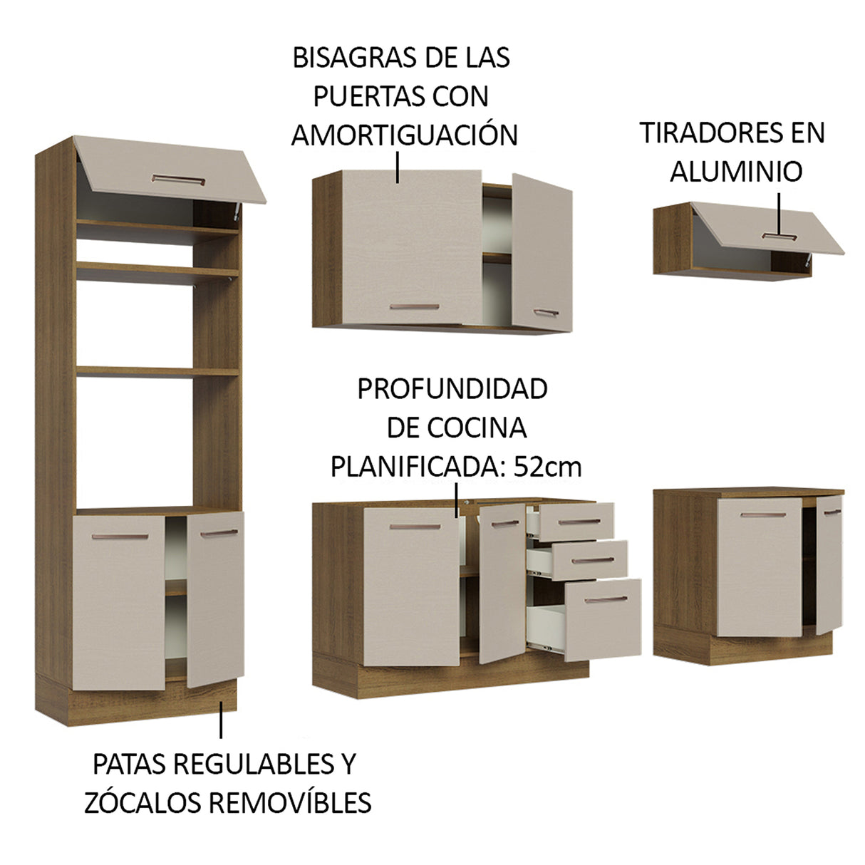 Cocina Integral Agata Marron y Crema 270x225cm para Mesón Lado Izquierdo sin Mesón y sin Estufa