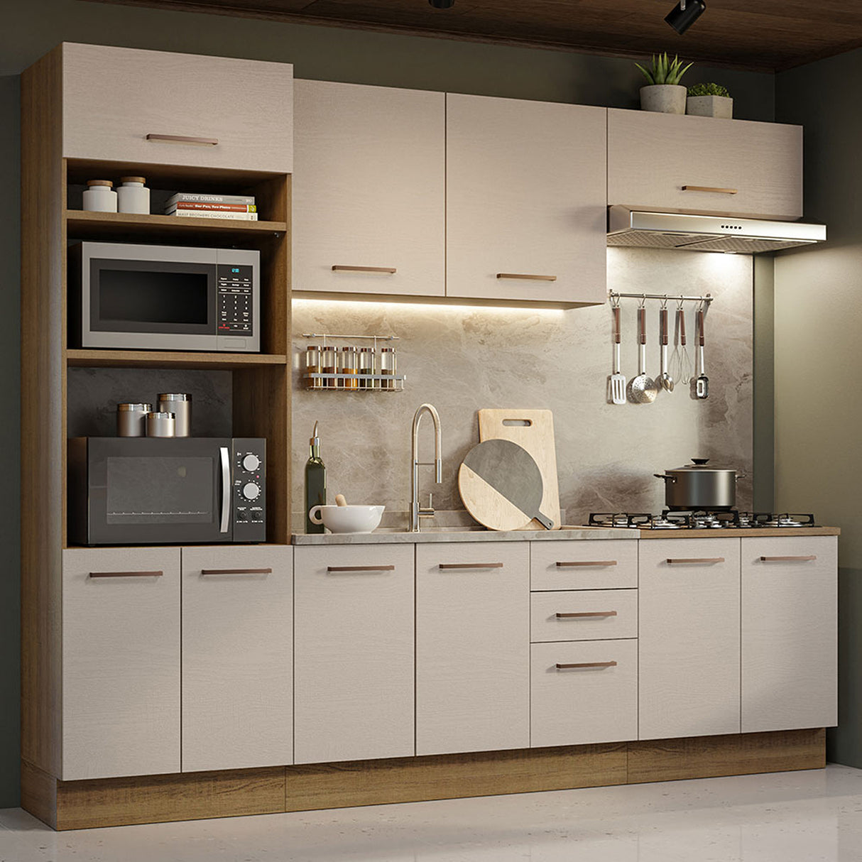 Cocina Integral Agata Marron y Crema 270x225cm para Mesón Lado Izquierdo sin Mesón y sin Estufa