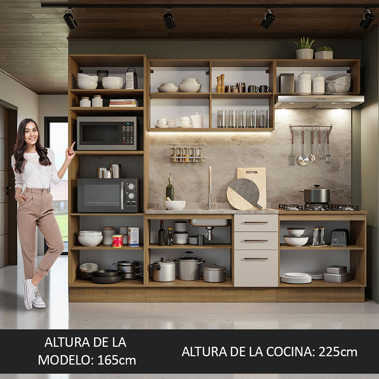 Cocina Integral Agata Marron y Crema 270x225cm para Mesón Lado Izquierdo sin Mesón y sin Estufa