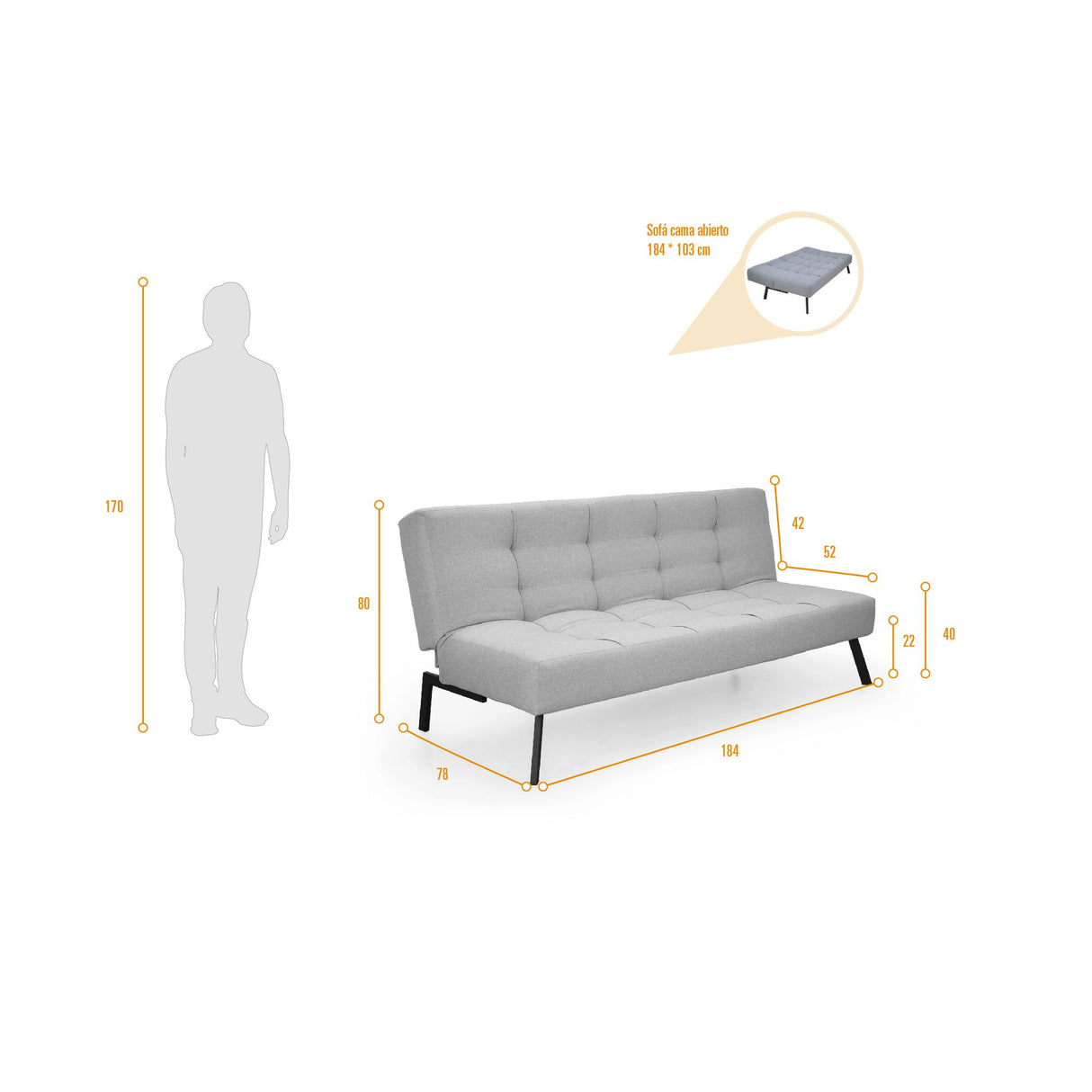 Sofá Cama Asher Petróleo Eureka y Metálico Negro 184x80cm de Tres Puestos Reclinable sin Apoya Brazos