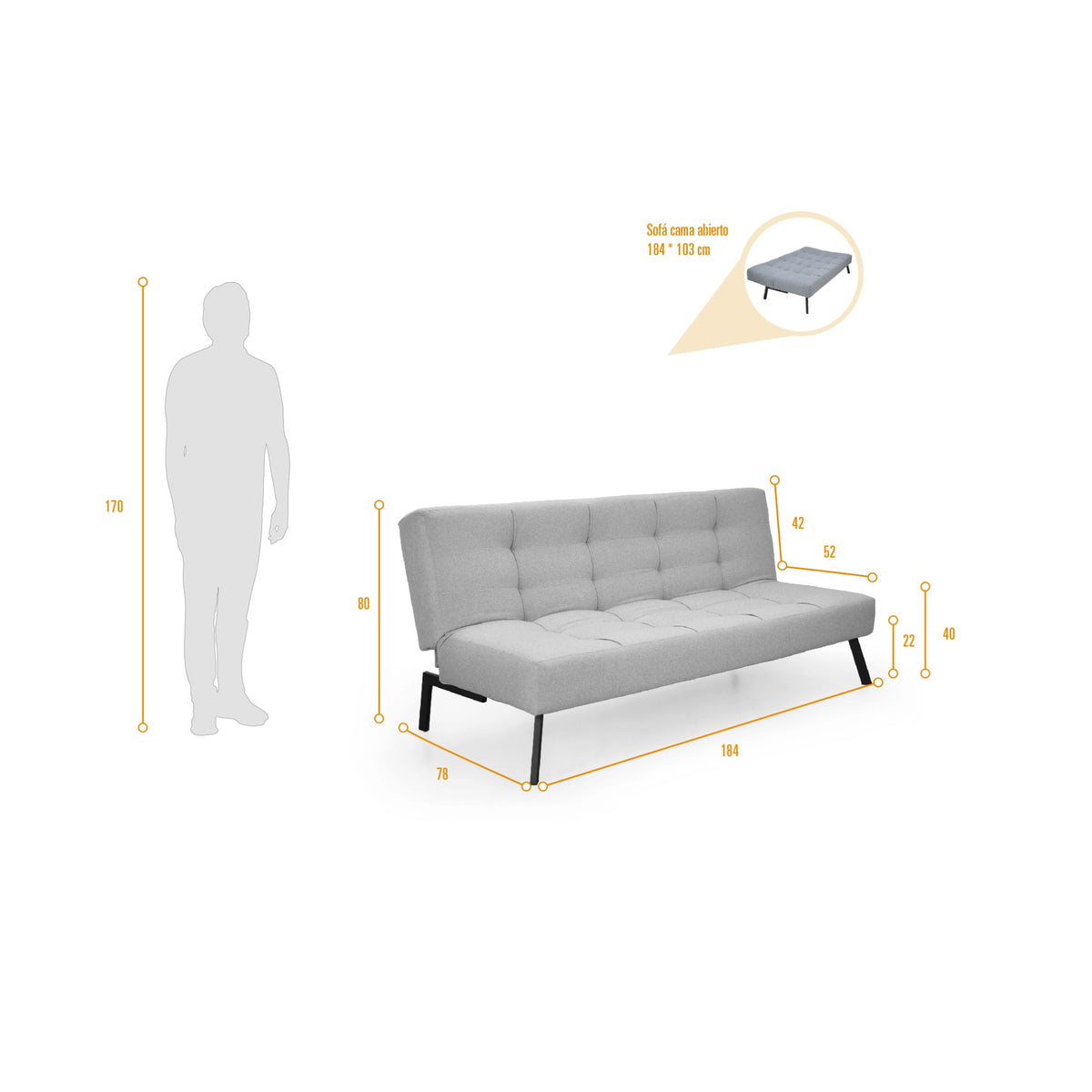 Sofá Cama Asher Plomo Eureka y Metálico Negro 184x80cm de Tres Puestos Reclinable sin Apoya Brazos