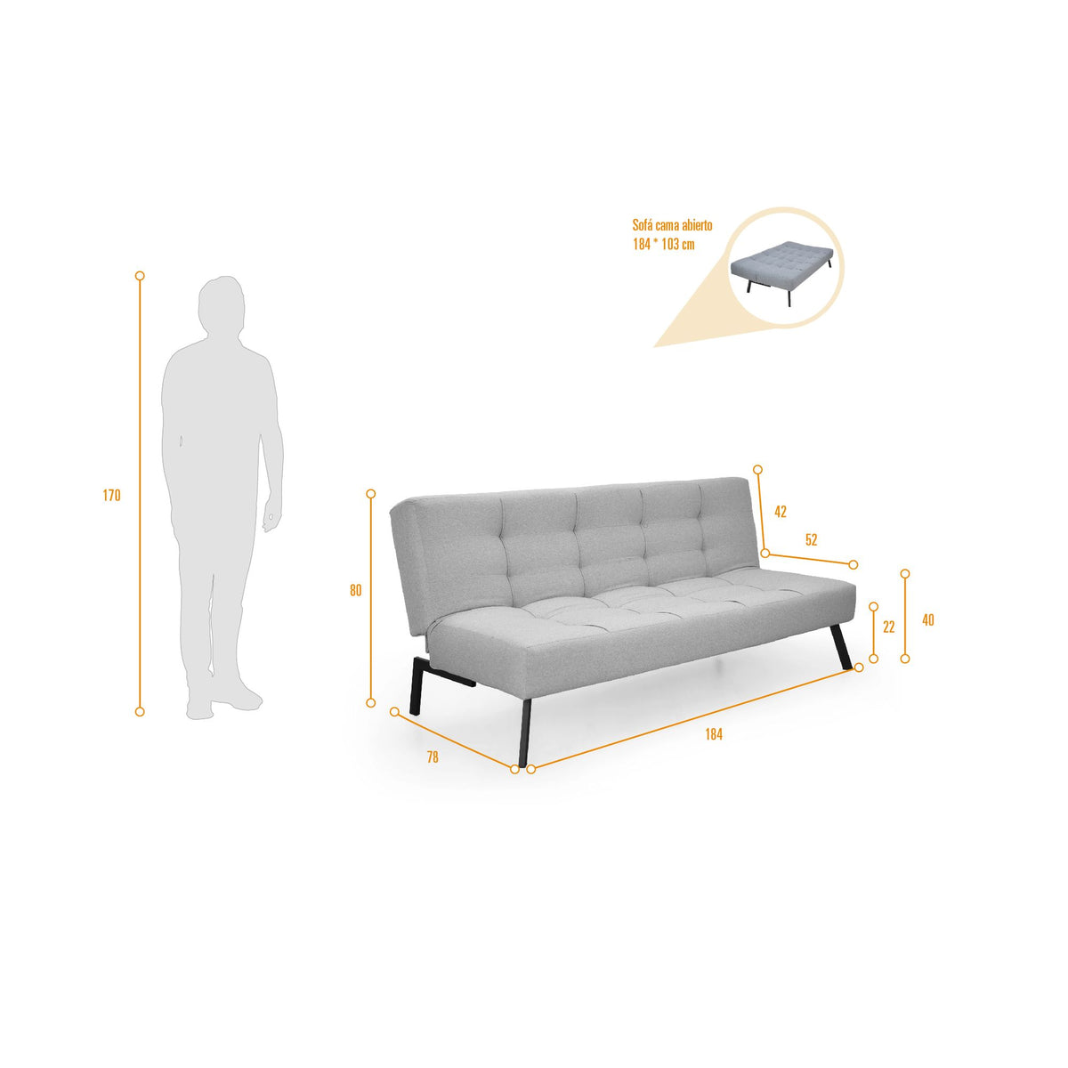 Sofá Cama Asher Plomo Eureka y Metálico Negro 184x80cm de Tres Puestos Reclinable sin Apoya Brazos