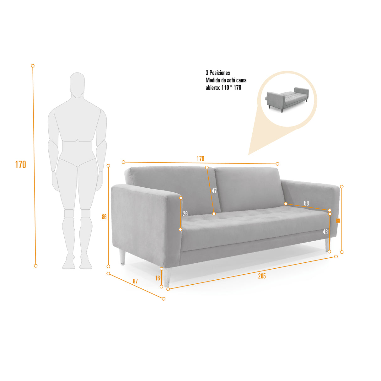 Sofá Cama Babilonia Plata Denver y Matiz Natural 205x86cm de Tres Puestos Reclinable sin Apoya Brazos