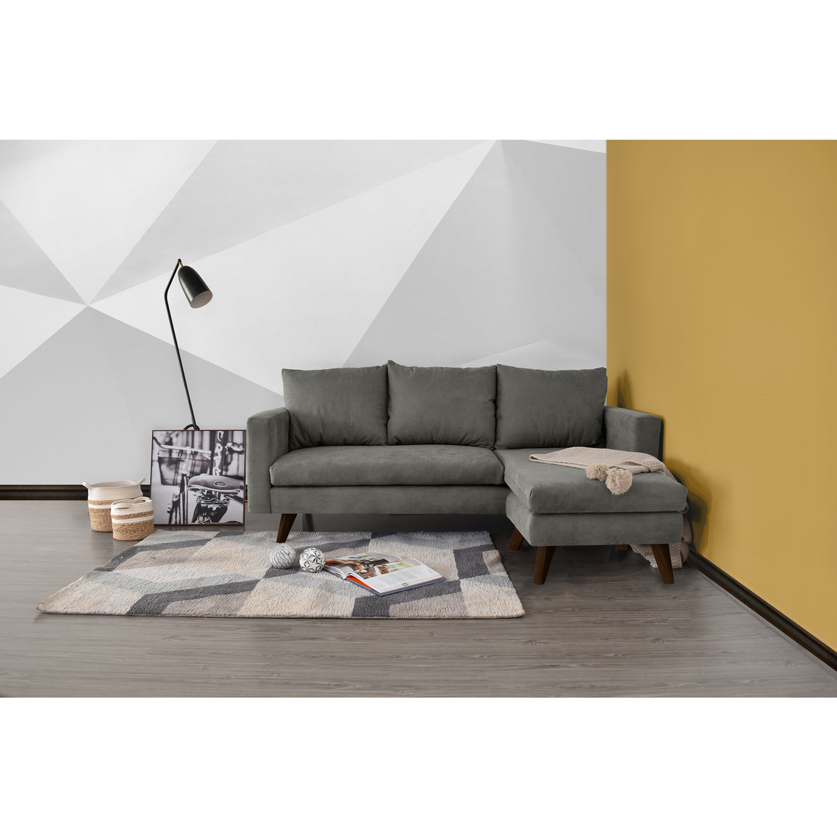 Sofá en L Barbados Gris Dorsey y Matiz Caramelo 190x85cm de Tres Puestos con Apoya Brazos