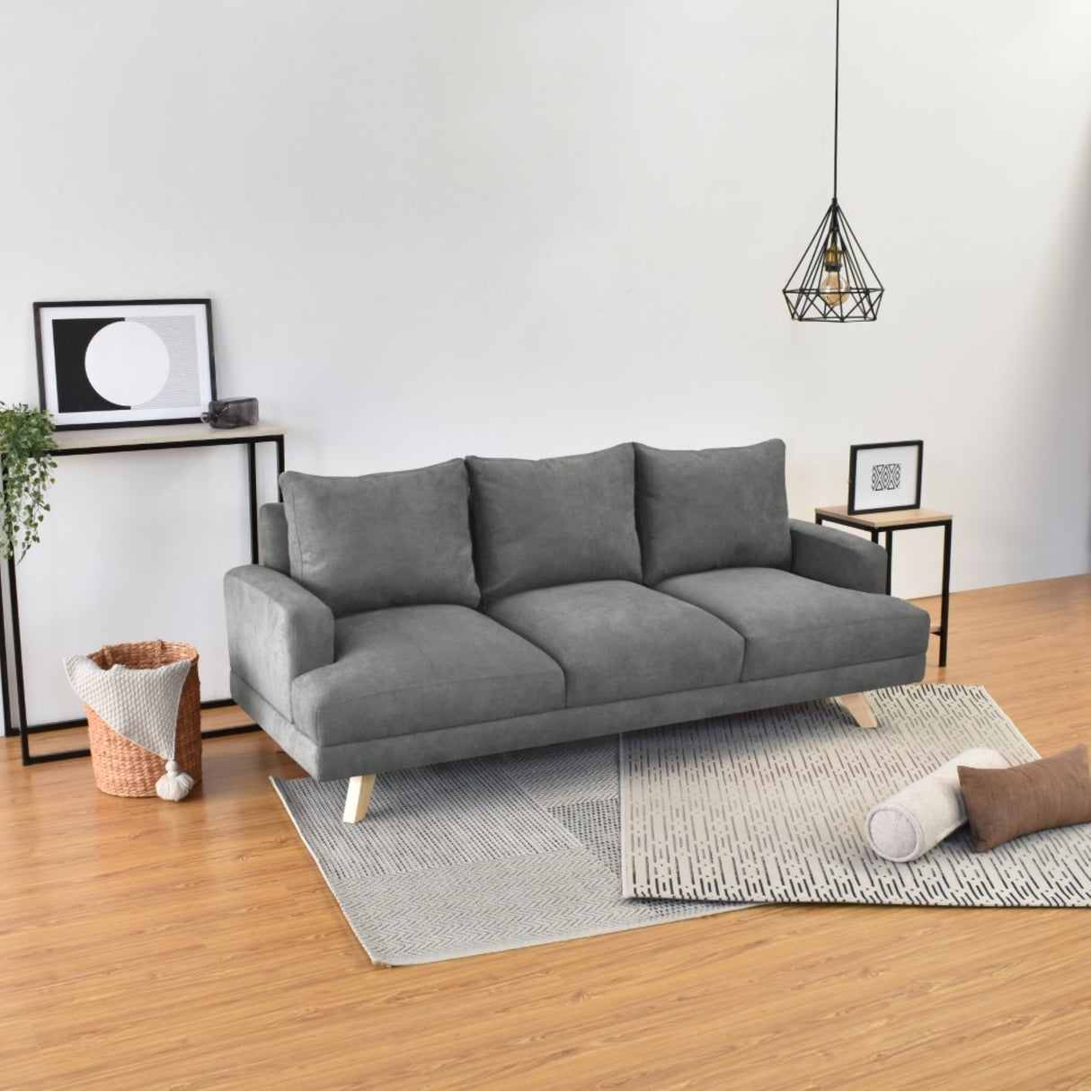 Sofá Lisboa Gris Dorsey y Matiz Natural 192x85cm de Tres Puestos con Apoya Brazos