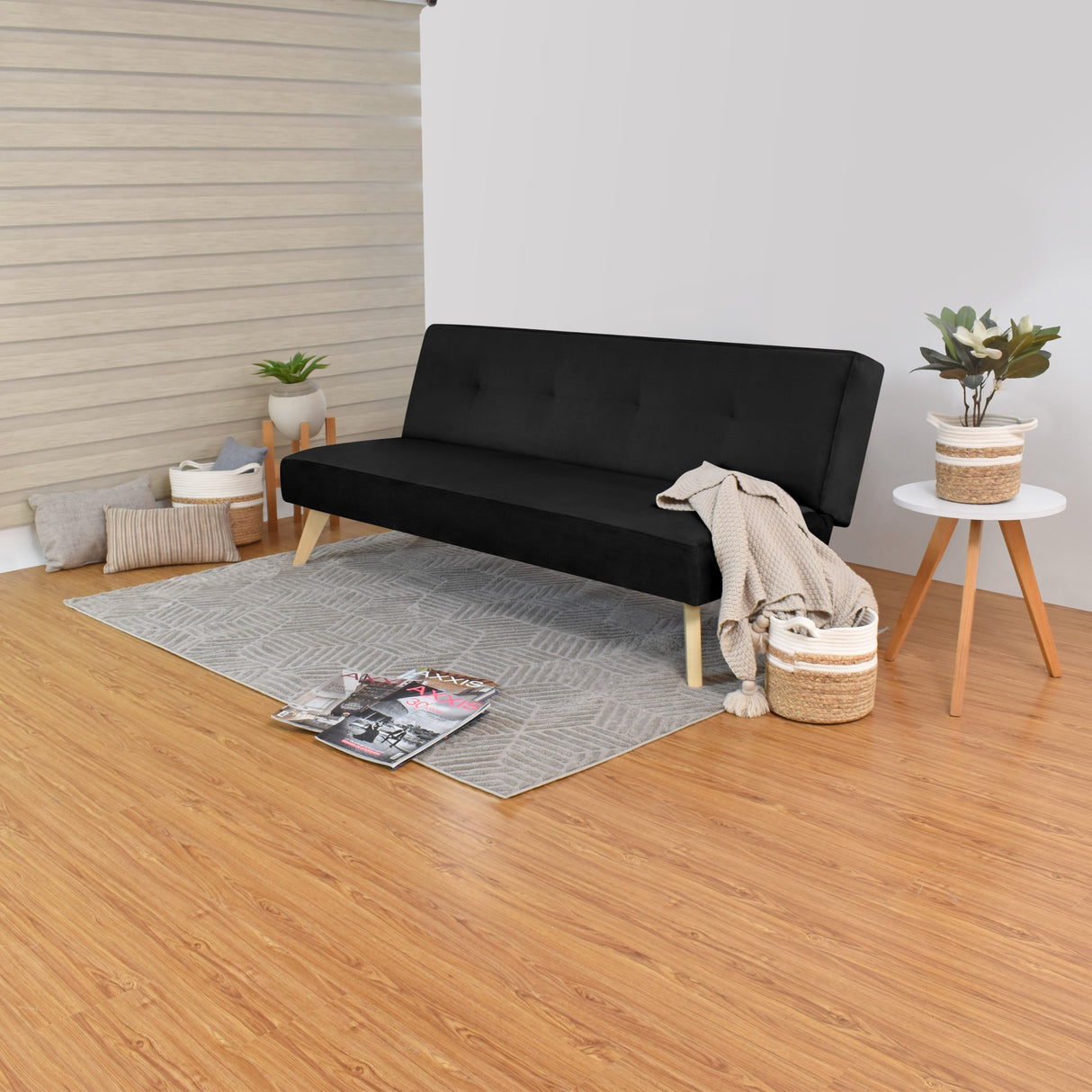 Sofá Cama London Negro Denver y Matiz Natural 180x78cm de Dos Puestos Reclinable sin Apoya Brazos