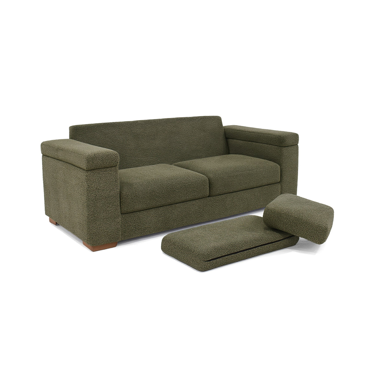 Sofá Montenegro Verde Shaggy y Matiz Caoba 207x82cm de Tres Puestos con Apoya Brazos