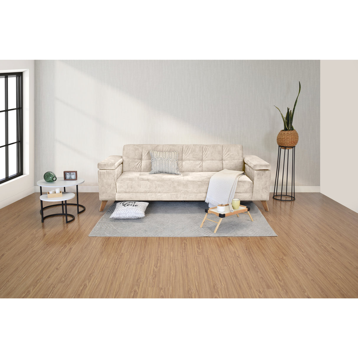 Sofá Cama Moretto Beige Sky y Matiz Caoba 230x82cm de Tres Puestos Reclinable sin Apoya Brazos