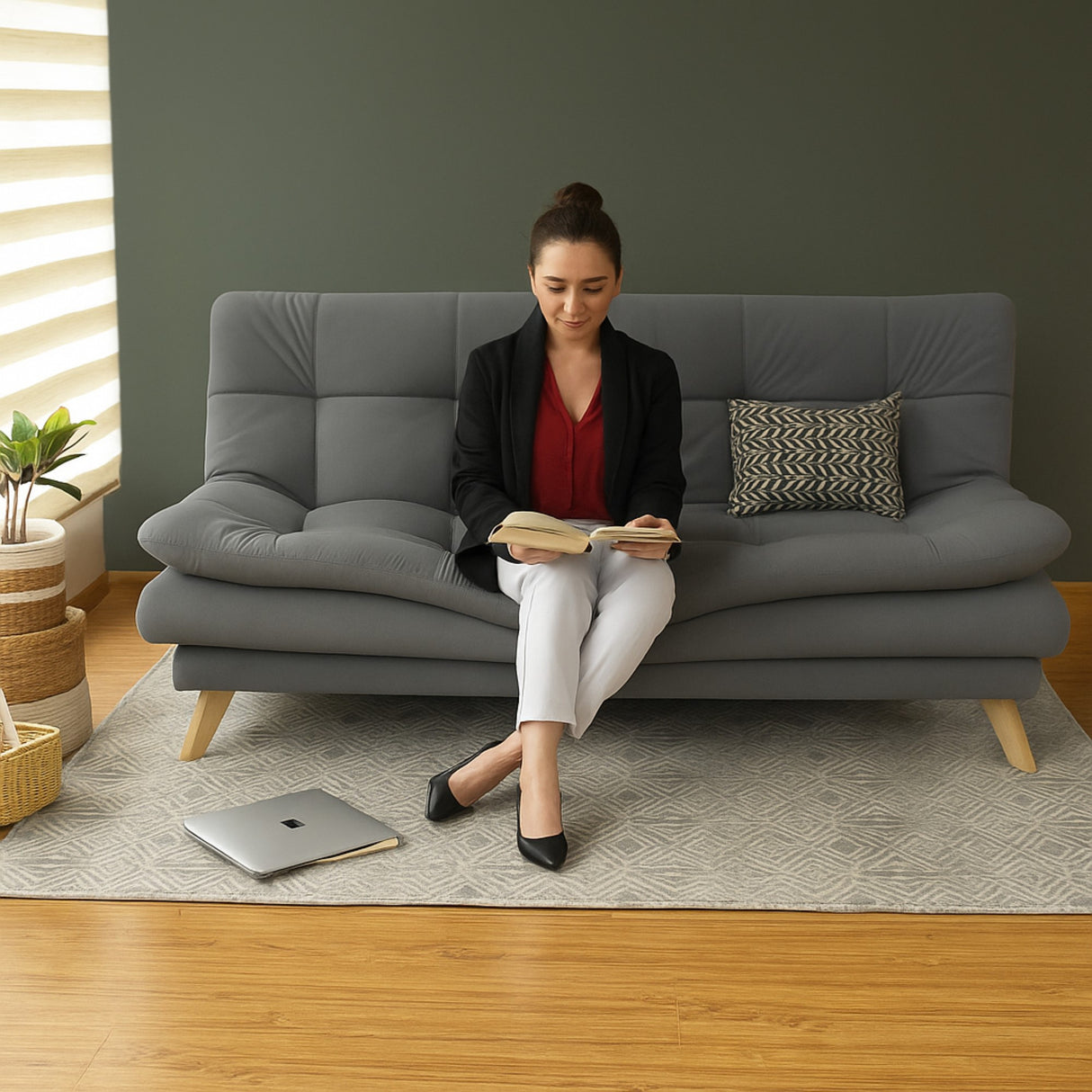 Sofá Cama Munich Gris Denver y Matiz Natural 180x85cm de Tres Puestos Reclinable sin Apoya Brazos