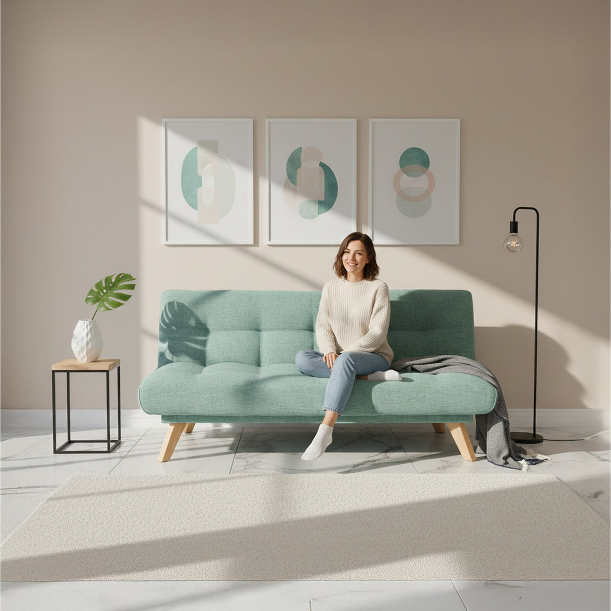 Sofá Cama Porto Aqua Dicosta y Matiz Natural 182x85cm de Tres Puestos Reclinable sin Apoya Brazos