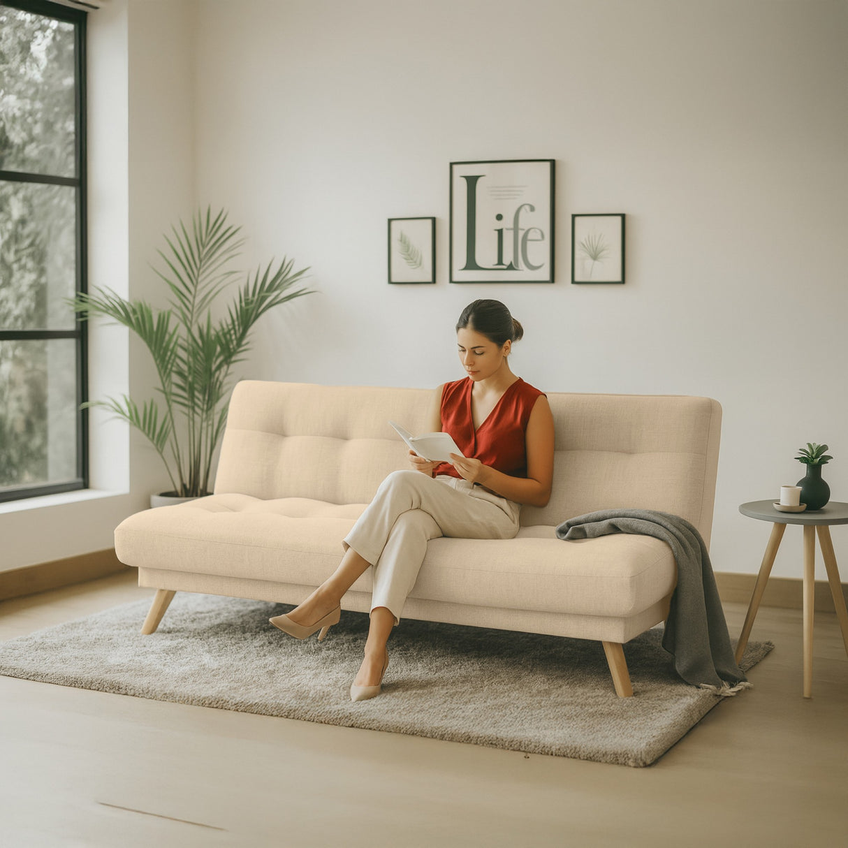 Sofá Cama Porto Beige Dicosta y Matiz Natural 182x85cm de Tres Puestos Reclinable sin Apoya Brazos