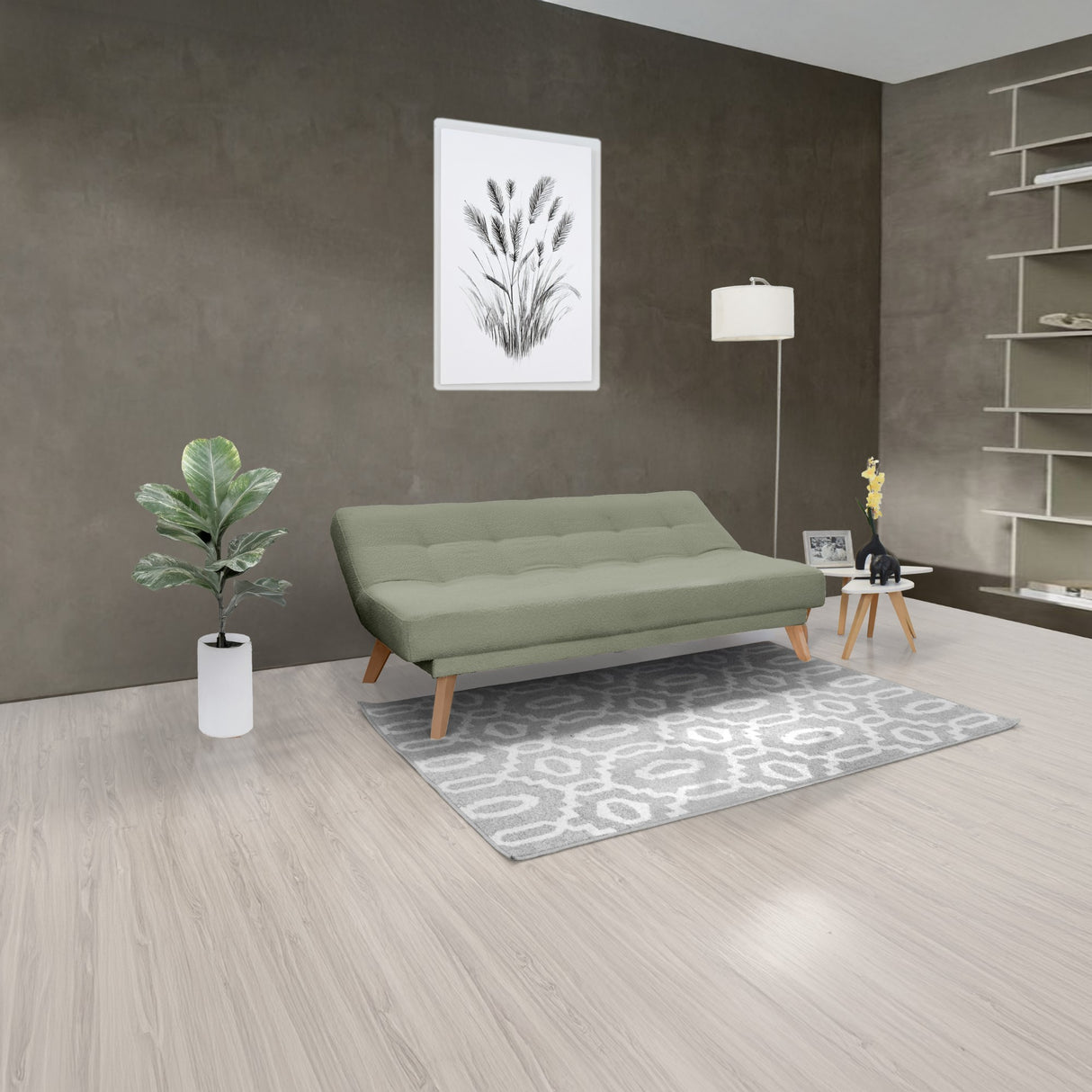 Sofá Cama Porto Verde Shaggy y Matiz Natural 182x85cm de Tres Puestos Reclinable sin Apoya Brazos