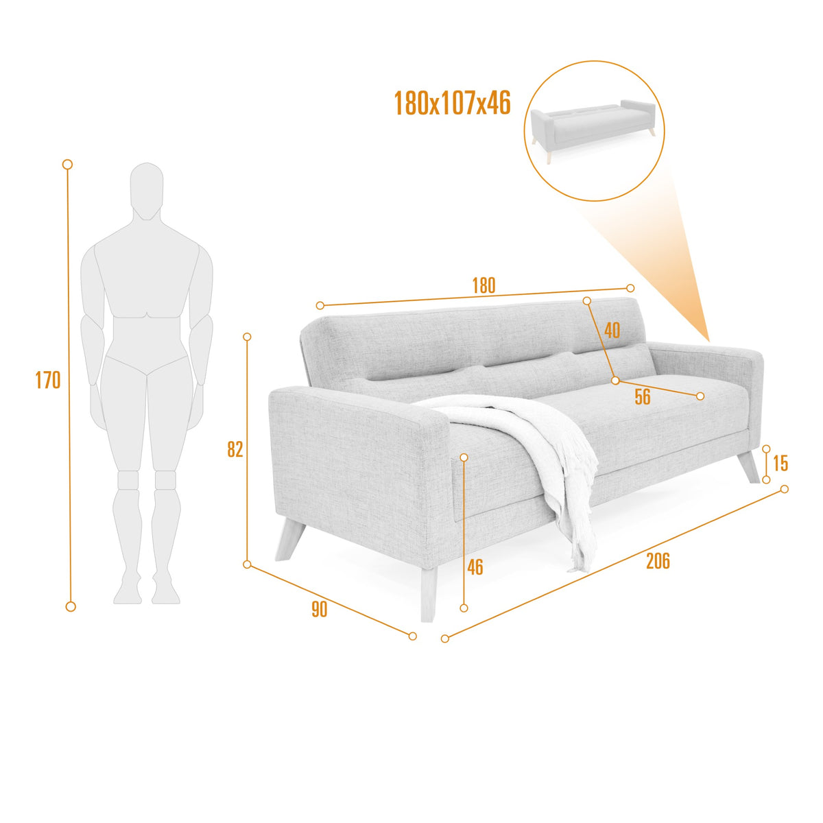 Sofá Cama Sion Gris Dicosta y Matiz Natural 206x82cm de Tres Puestos Reclinable con Apoya Brazos