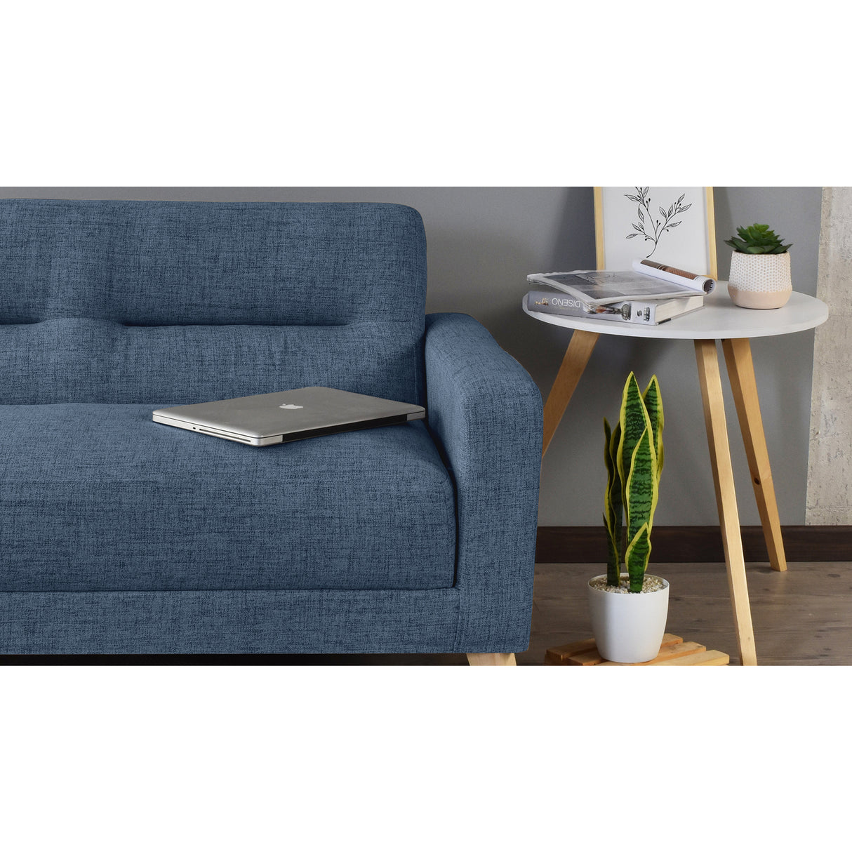 Sofá Cama Sion Índigo Dicosta y Matiz Natural 206x82cm de Tres Puestos Reclinable con Apoya Brazos