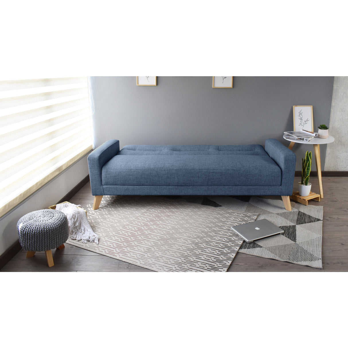 Sofá Cama Sion Índigo Dicosta y Matiz Natural 206x82cm de Tres Puestos Reclinable con Apoya Brazos