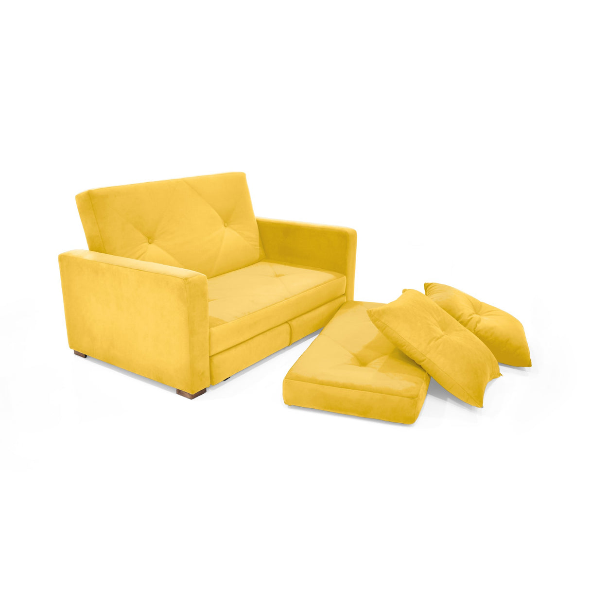 Sofá Cama Torino Mostaza Denver y Matiz Caoba 147x87cm de Dos Puestos con Apoya Brazos