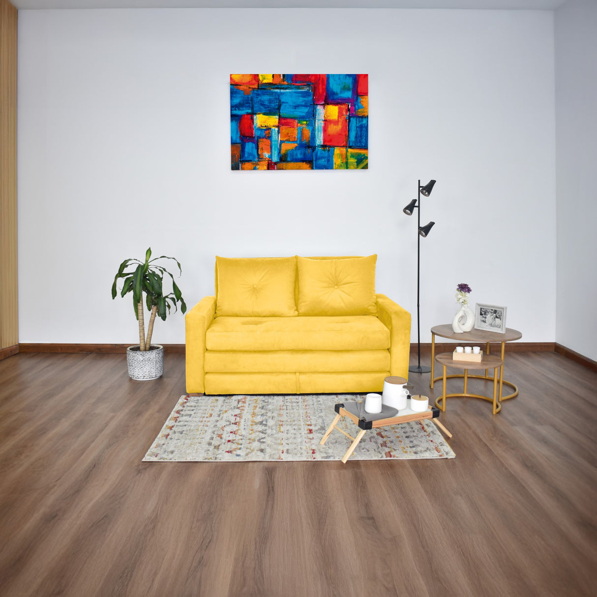 Sofá Cama Torino Mostaza Denver y Matiz Caoba 147x87cm de Dos Puestos con Apoya Brazos