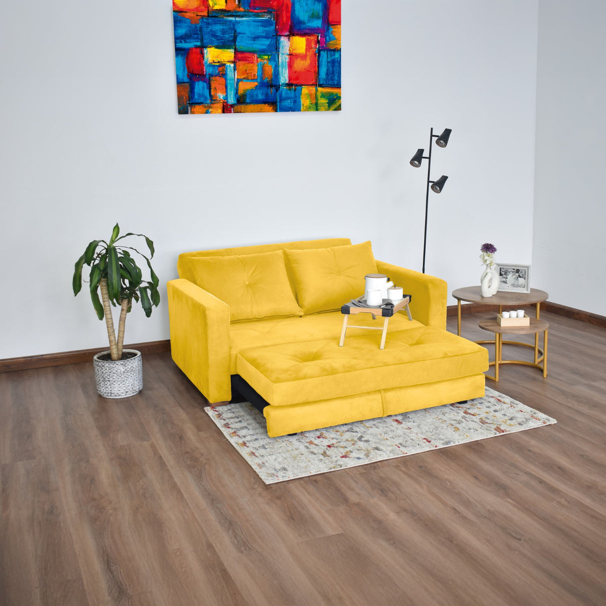 Sofá Cama Torino Mostaza Denver y Matiz Caoba 147x87cm de Dos Puestos con Apoya Brazos
