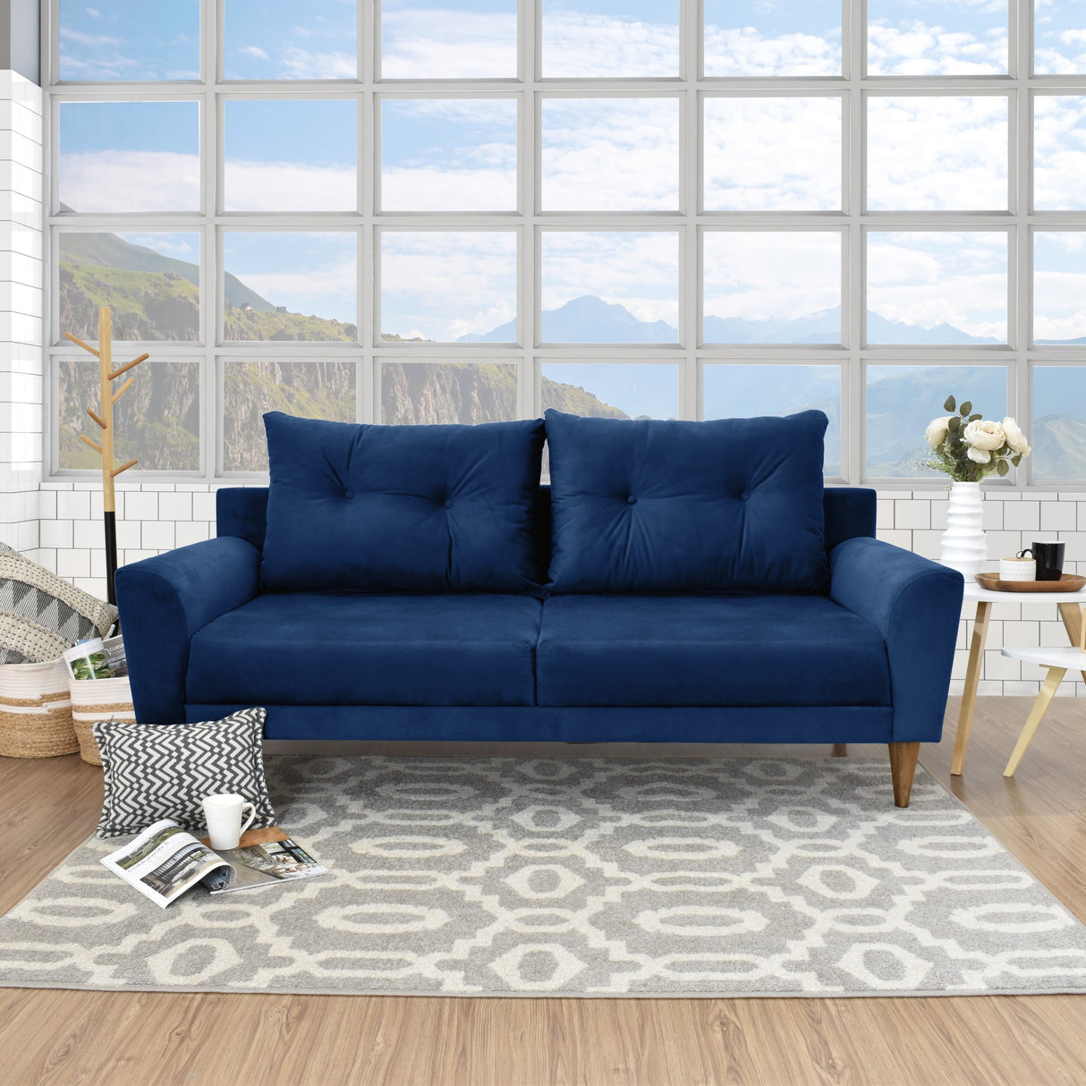 Sofá Verge Azul Denver y Matiz Caoba 190x90cm de Tres Puestos con Apoya Brazos