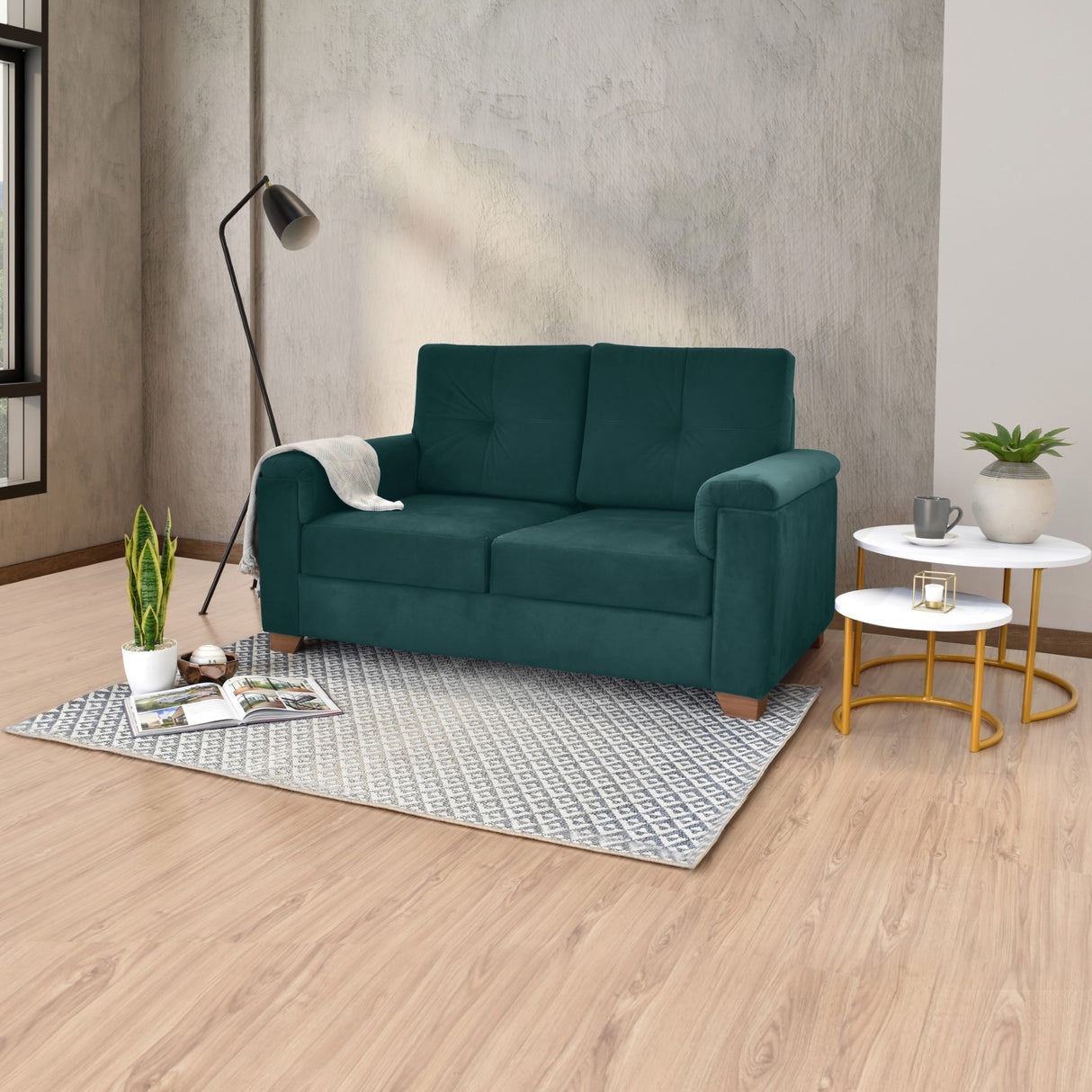 Sofá Zamora Petróleo Denver y Matiz Caoba 150x85cm de Dos Puestos con Apoya Brazos