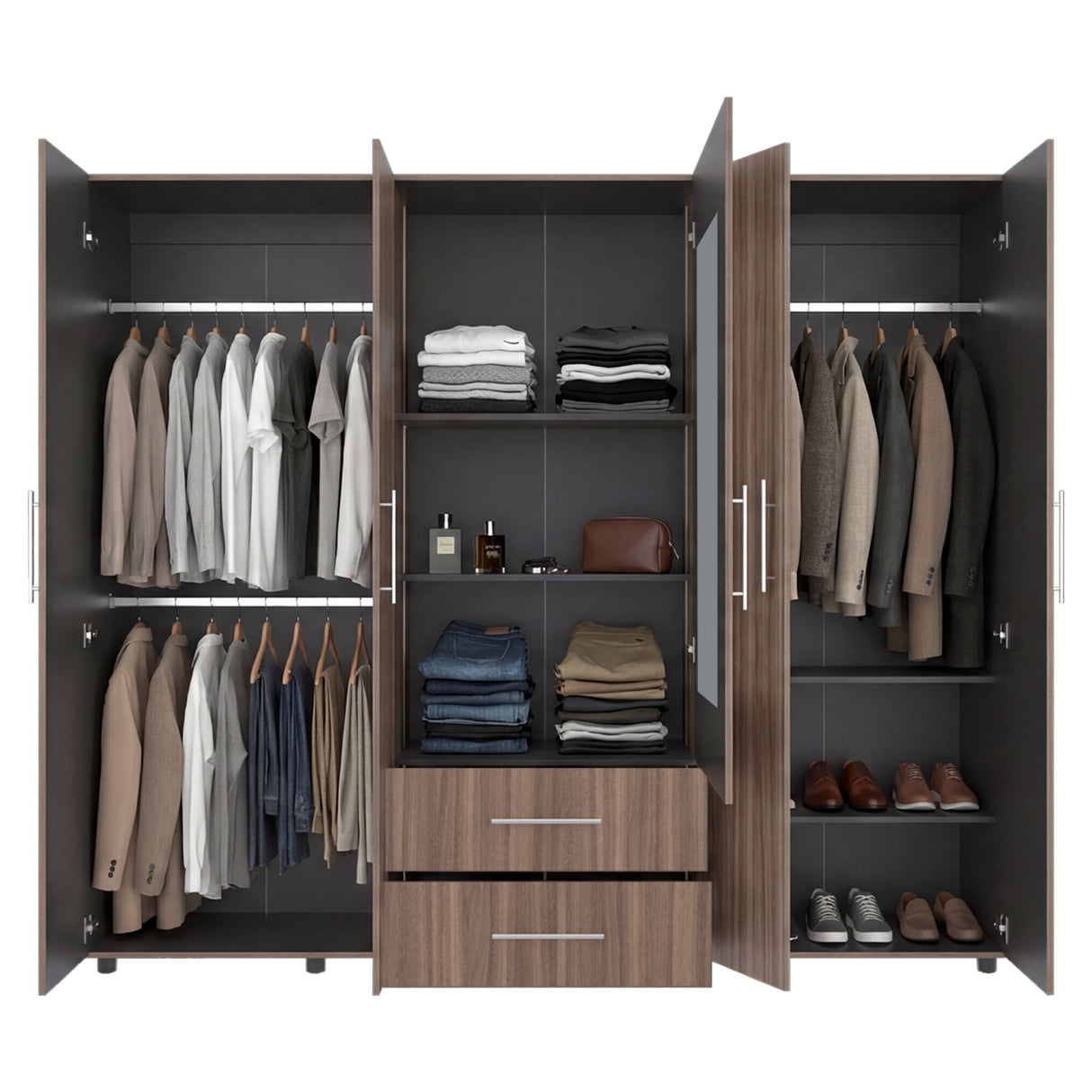 Closet Bigaf Avellana y Wengue 230x200cm Con Dos Cajones y Cuatro Entrepaños y Espejo