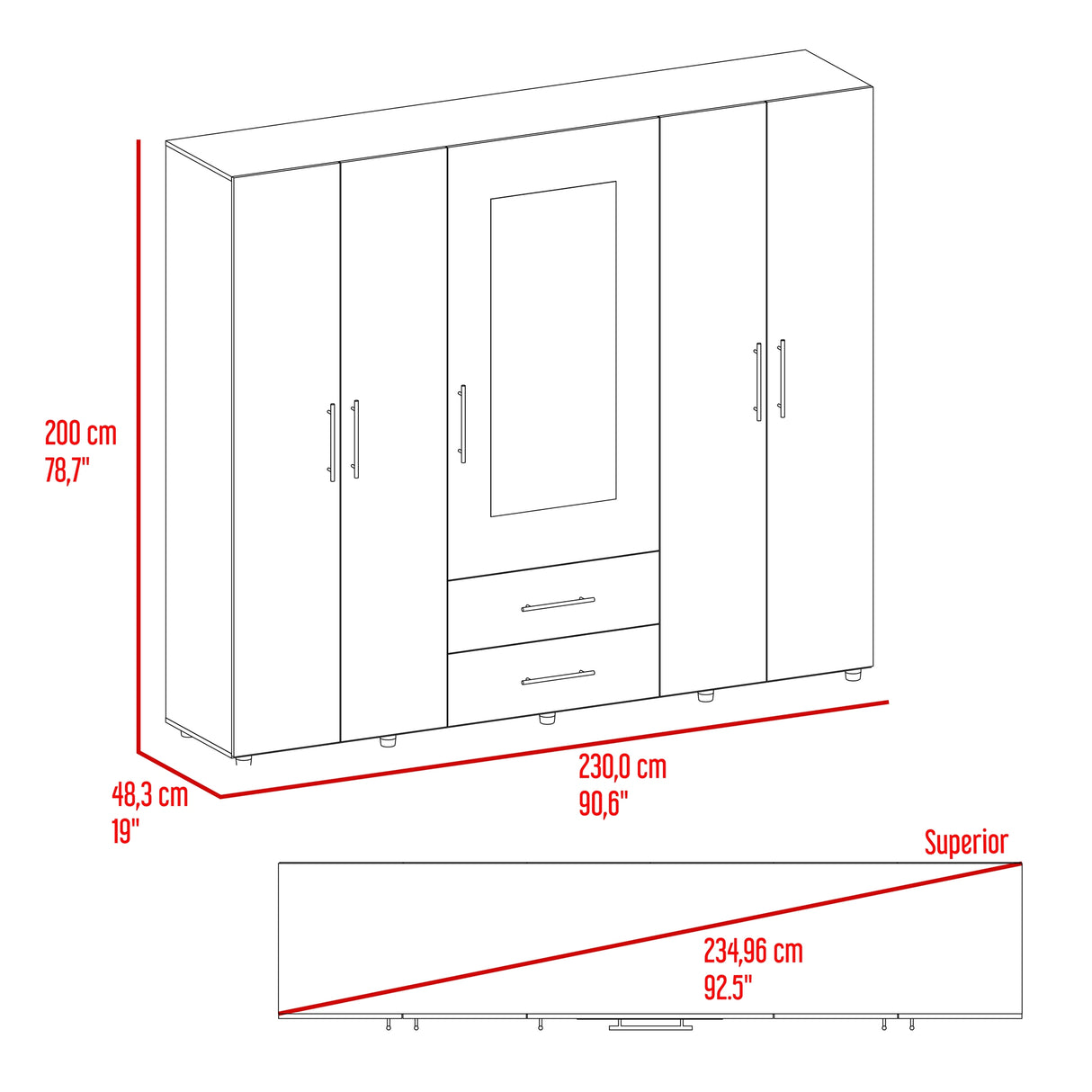 Closet Bigaf Avellana y Wengue 230x200cm Con Dos Cajones y Cuatro Entrepaños y Espejo