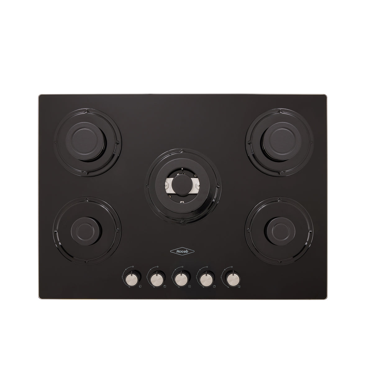 Estufa de Empotrar Haceb Cristal Negro y Plata 76x54cm 110 Voltios para Gas Natural con Cinco Quemadores