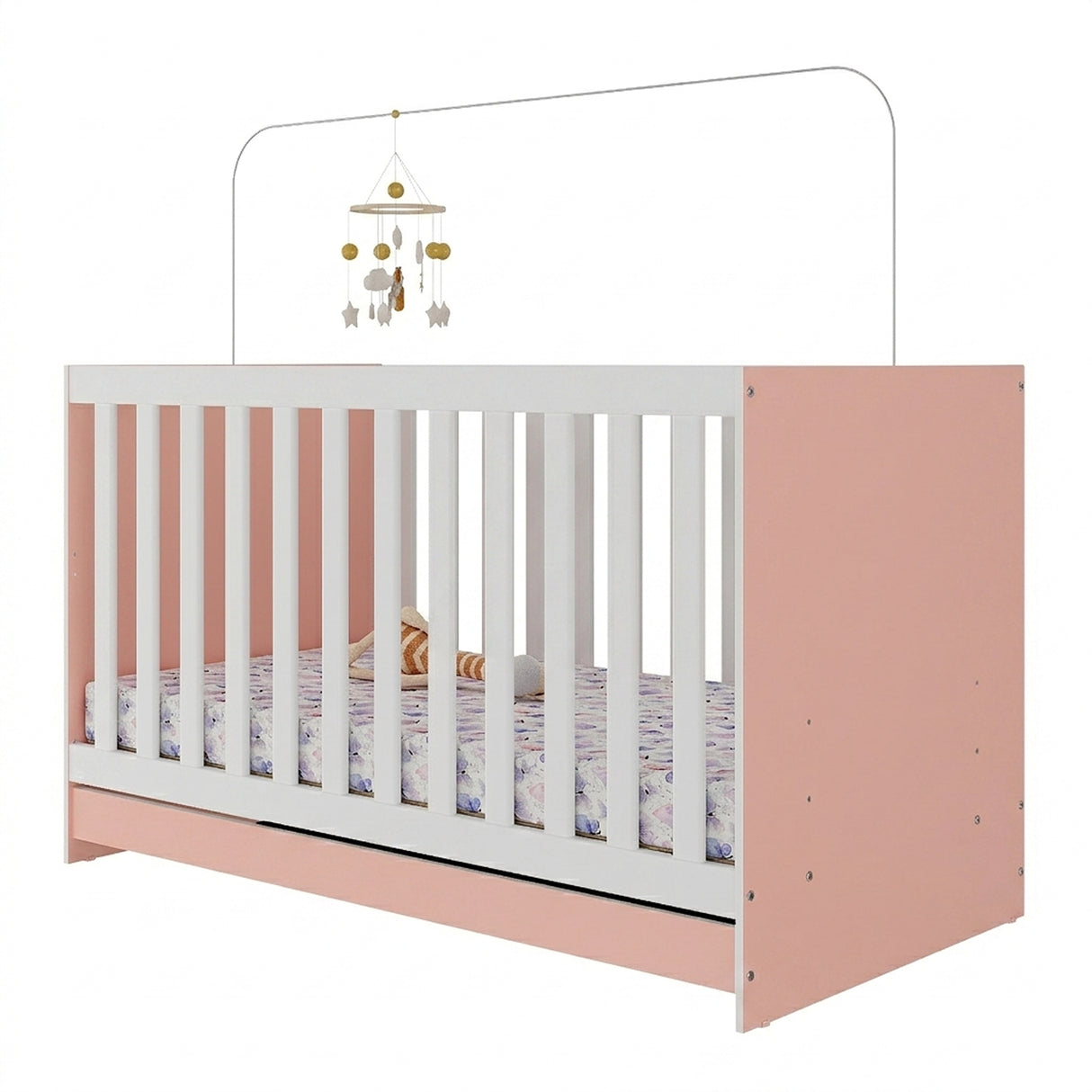 Cuna 3 en 1 Blanco y Rosa 66x80cm para Colchón Infantil 60 X 130 Cm con Colchón y sin Cabecero