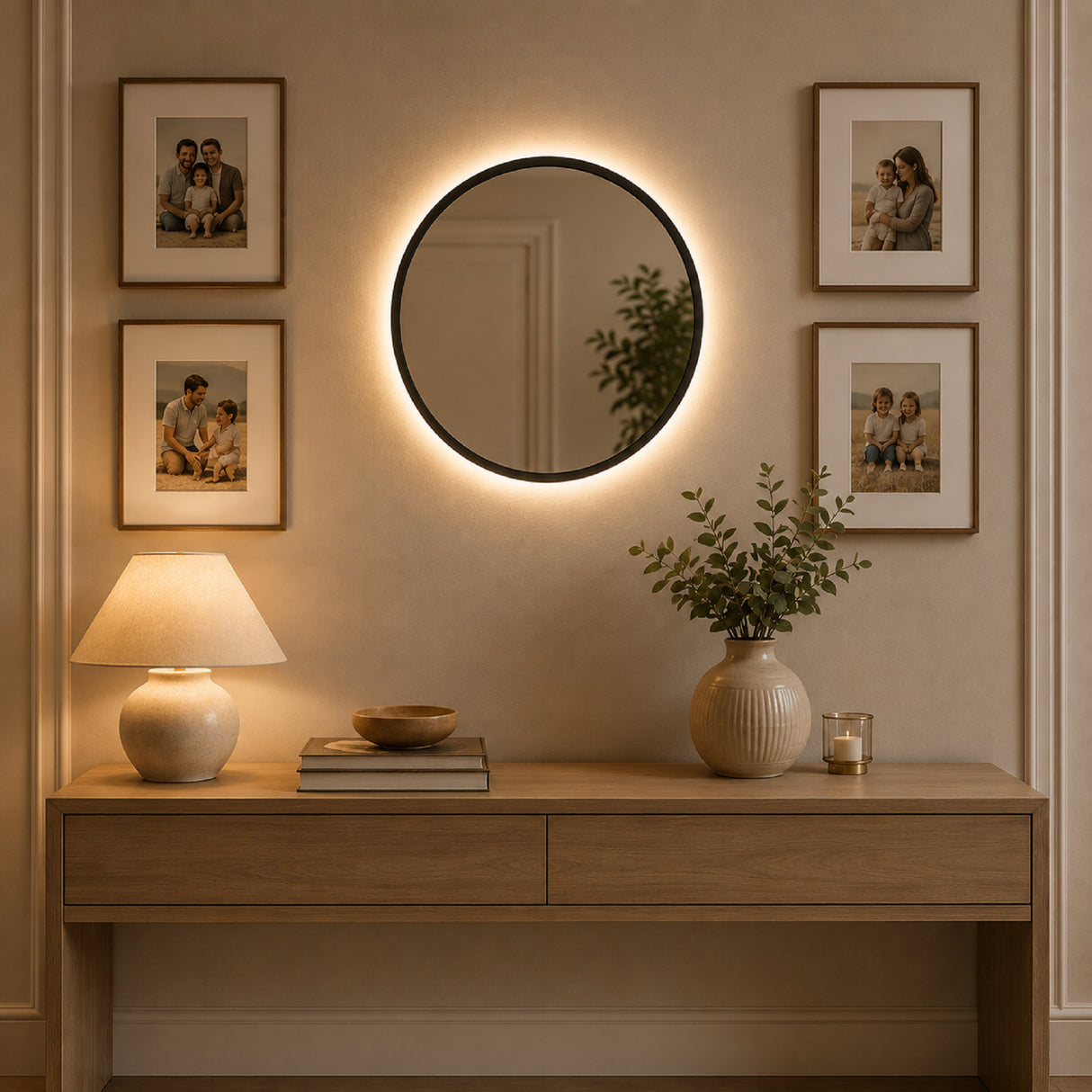 Espejo de Pared Led Negro 60x60cm Redondo Luz Cálida con Marco En Madera
