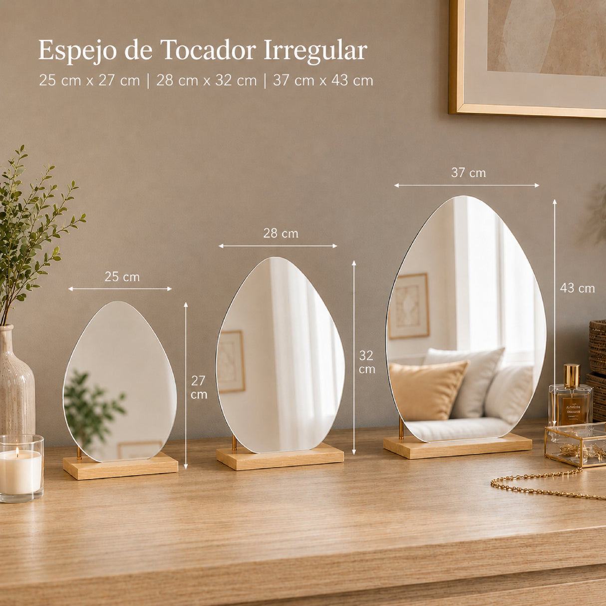 Espejo de Tocador 25x27cm Asimetrico con Base de Madera Color Natural