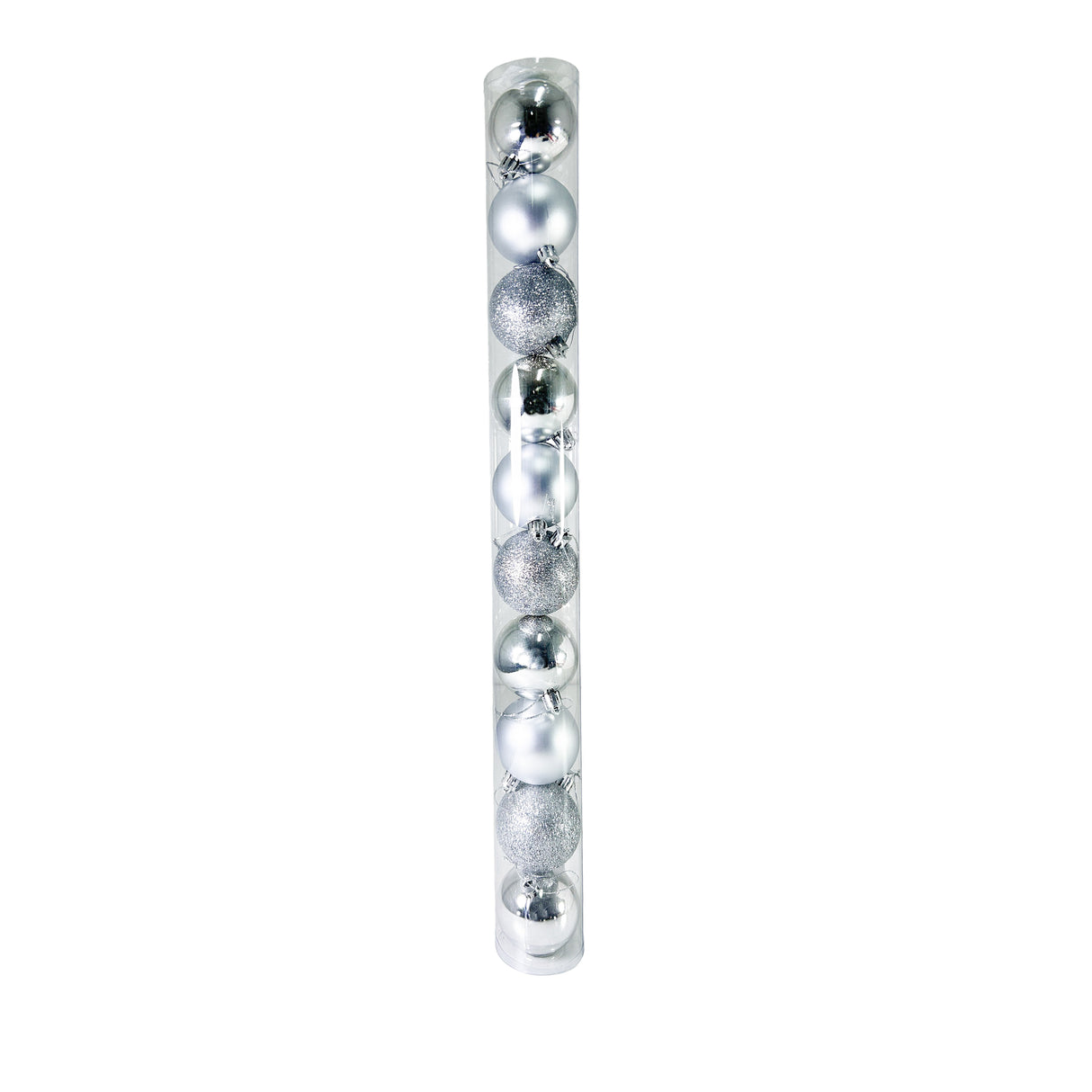 Tubo X 10 Bolas Navideñas Combinada Plata 6x6cm con Acabado Mixto Reutilizable