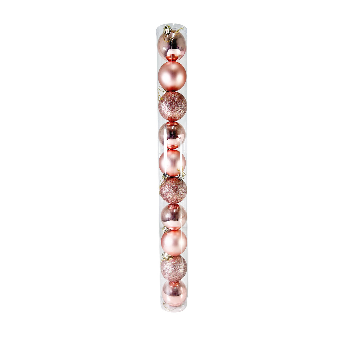 Tubo X 10 Bolas Navideñas Combinada Oro rosa 6x6cm con Acabado Mixto Reutilizable