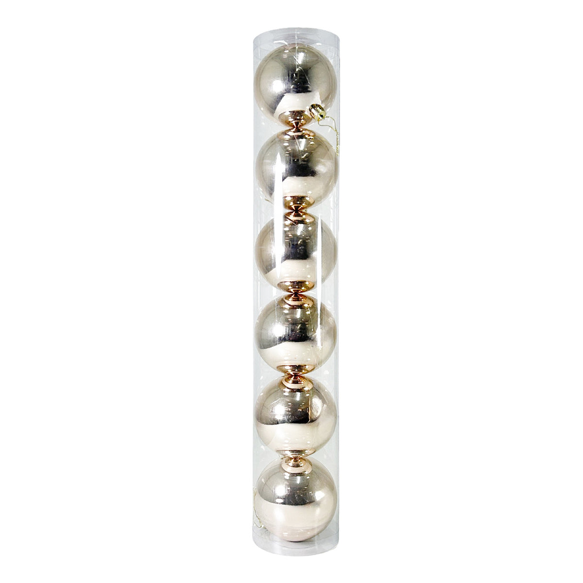Tubo X 6 Bolas Navideñas Brillante Champaña 8x8cm con Acabado Brillante Reutilizable