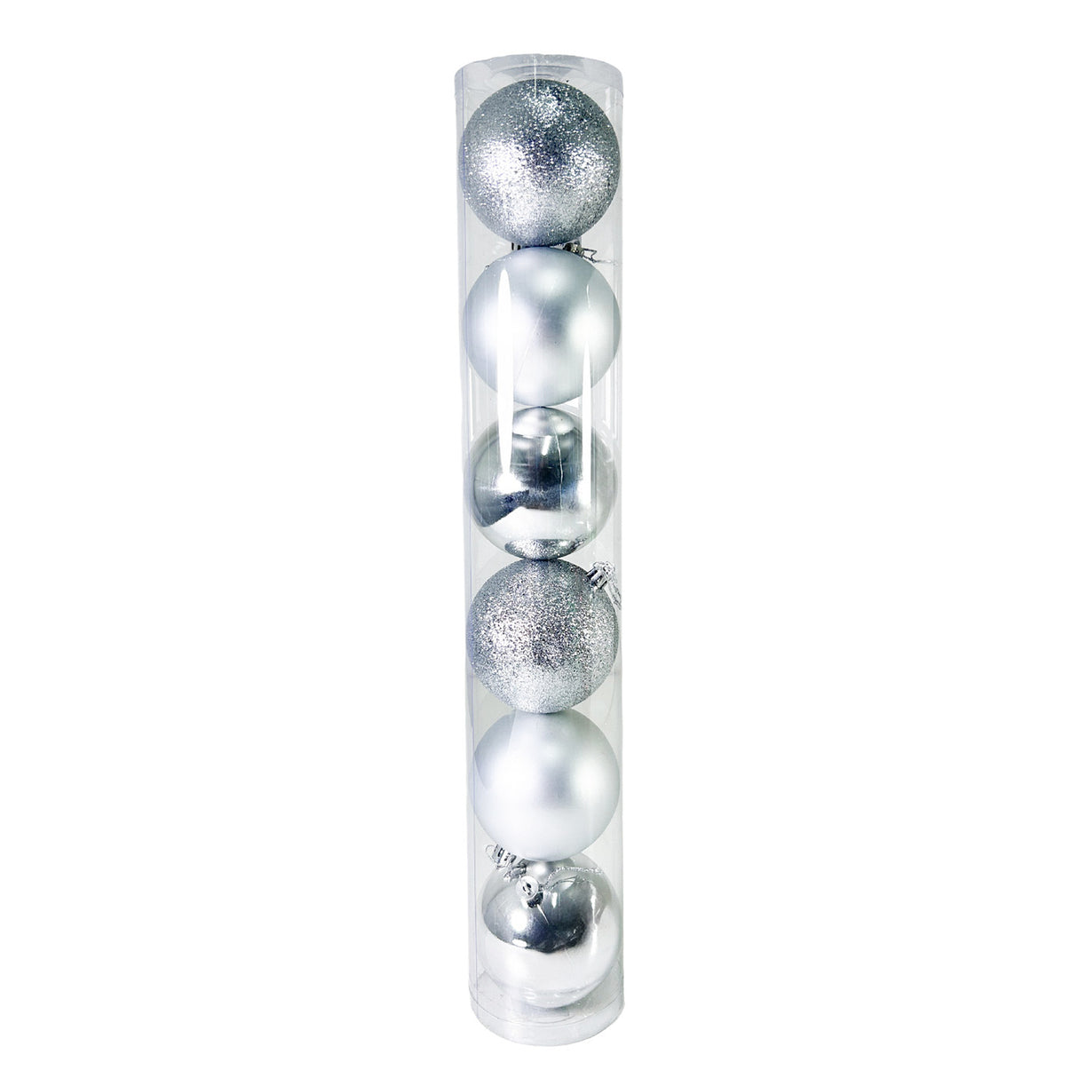 Tubo X 6 Bolas Navideñas Combinada Plata 8x8cm con Acabado Mixto Reutilizable