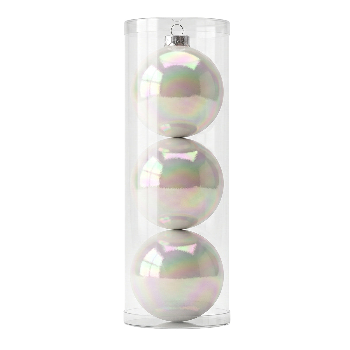 Tubo X 3 Bolas Navideñas Perlada Blanco Aurora Boreal 15x15cm con Acabado Brillante Reutilizable
